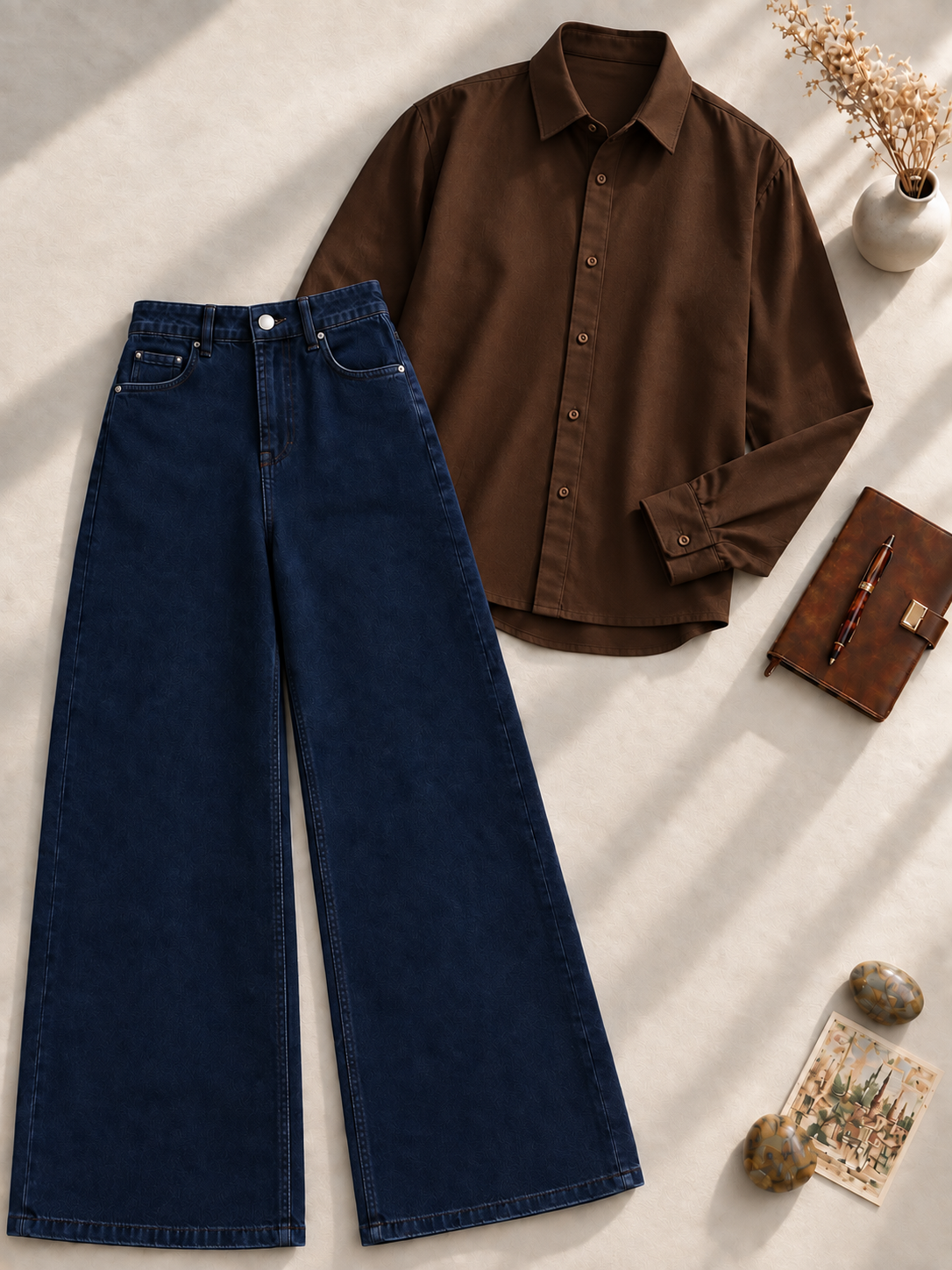 NAVY-BLUE WIDE LEG JEANS  & BROWN BUTTON DOWN SHIRT