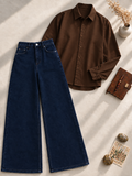 NAVY-BLUE WIDE LEG JEANS  & BROWN BUTTON DOWN SHIRT