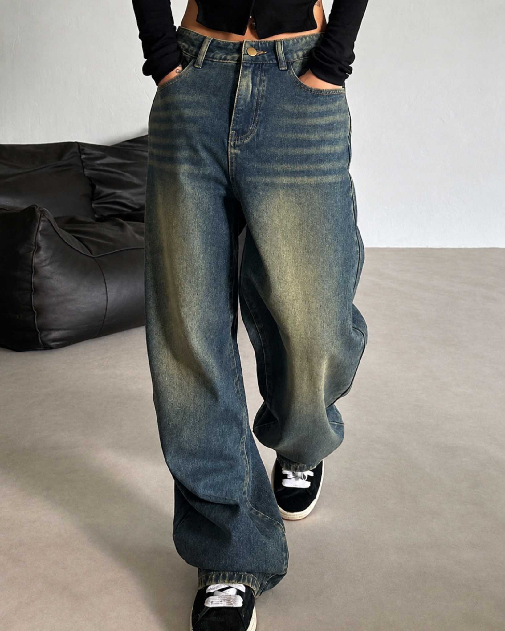BROWN WASHED WIDE LEG JEANS