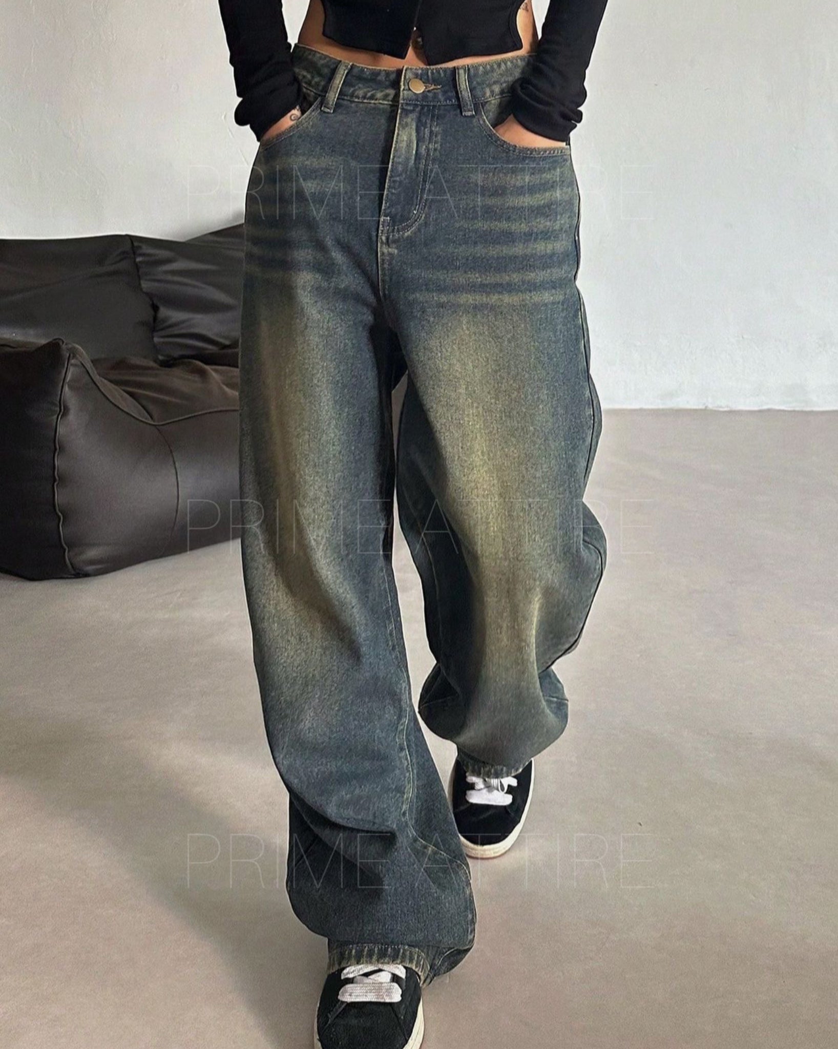BROWN WASHED WIDE LEG JEANS