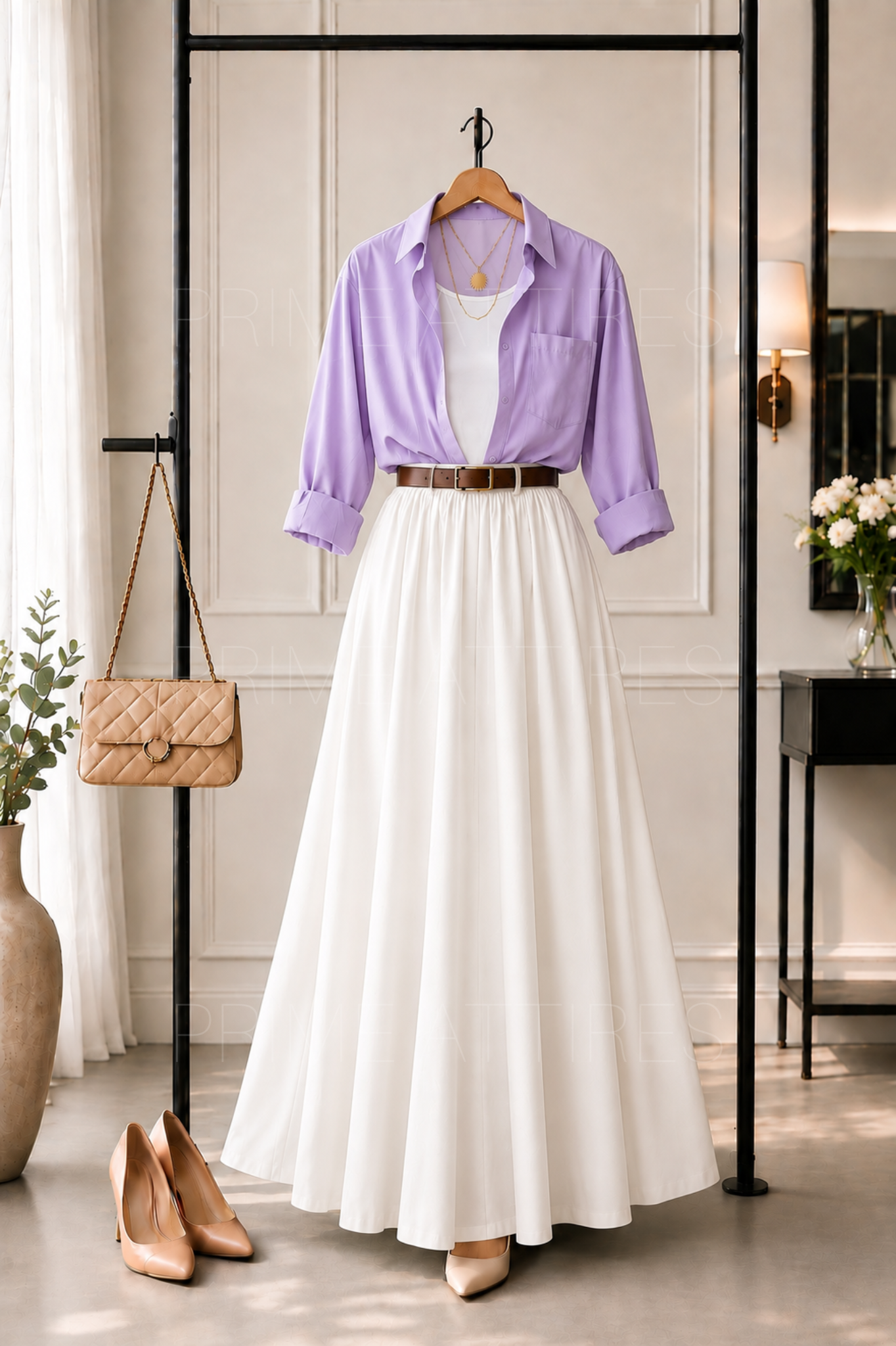 LILAC BUTTON DOWN SHIRT, WHITE INNER & WHITE SKIRT