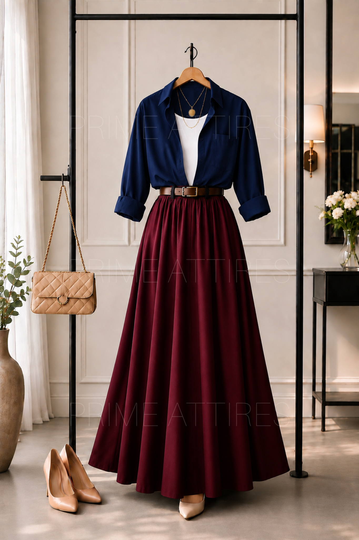 NAVY BLUE BUTTON DOWN SHIRT, WHITE INNER & MAROON SKIRT
