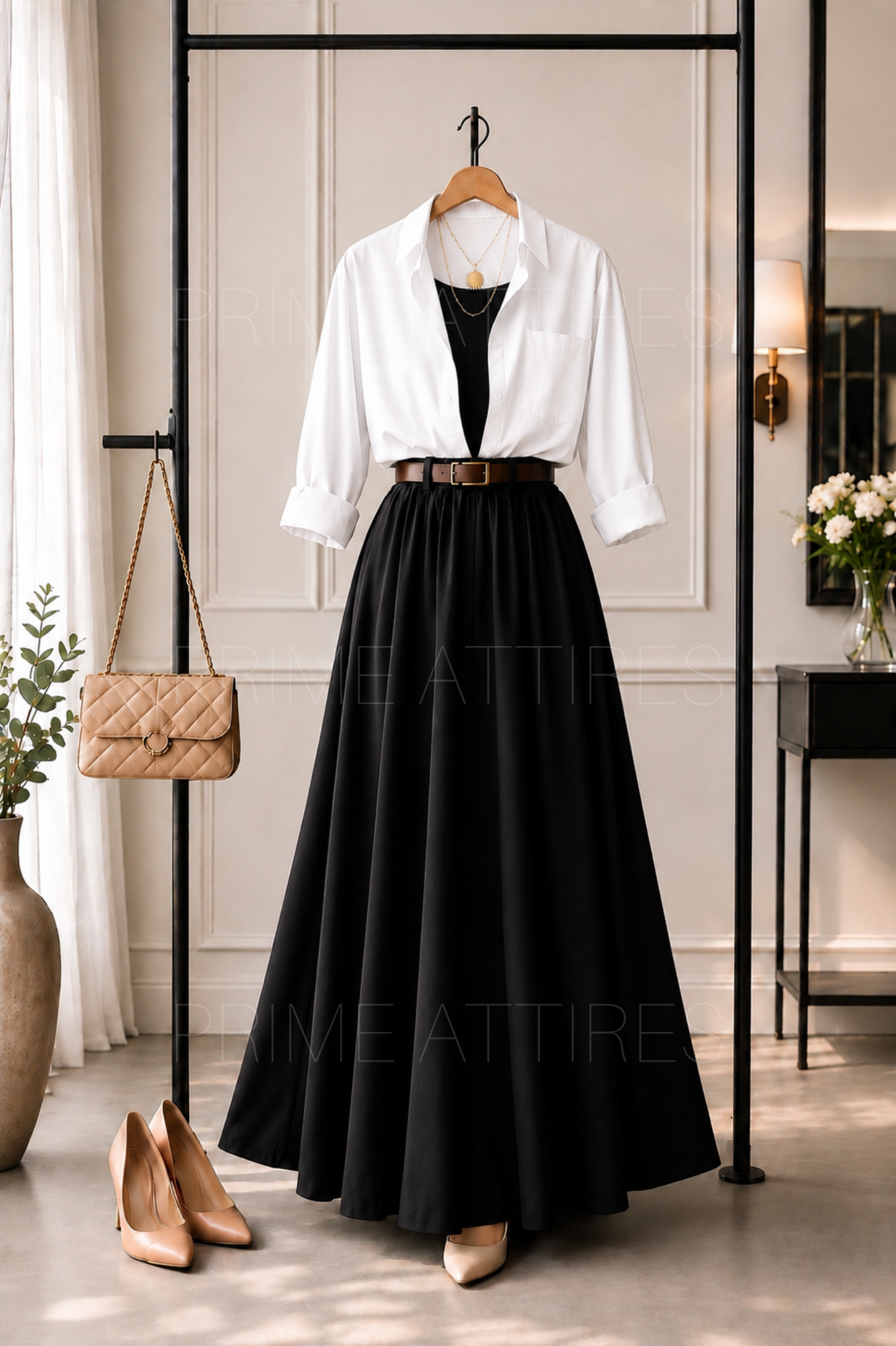 WHITE BUTTON DOWN SHIRT, BLACK INNER & BLACK SKIRT