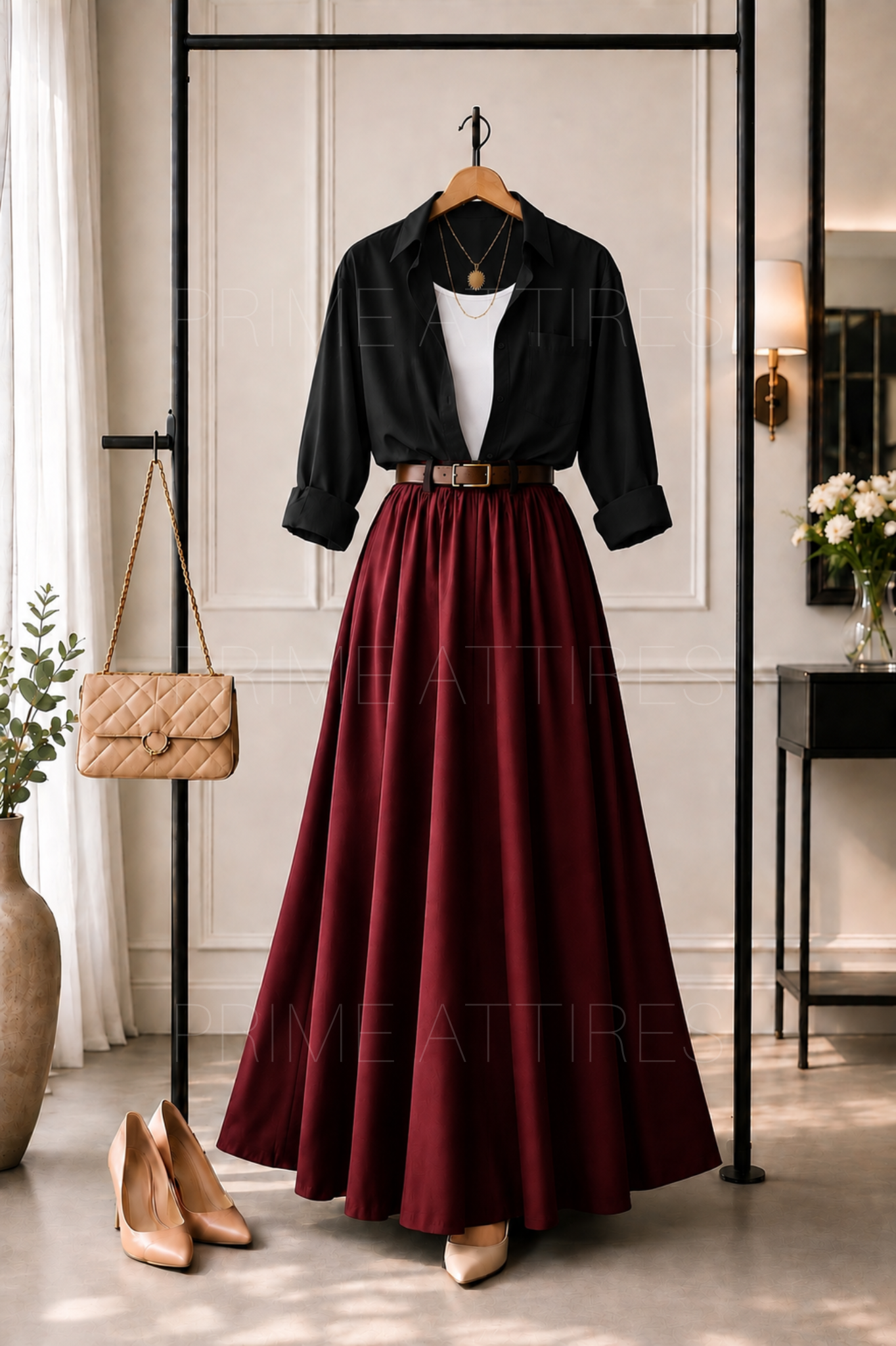 BLACK BUTTON DOWN SHIRT, WHITE INNER & BROWN SKIRT