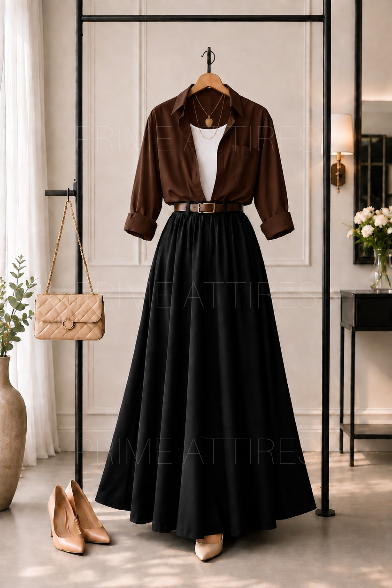 BROWN BUTTON DOWN SHIRT, WHITE INNER & BLACK SKIRT