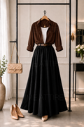BROWN BUTTON DOWN SHIRT, WHITE INNER & BLACK SKIRT