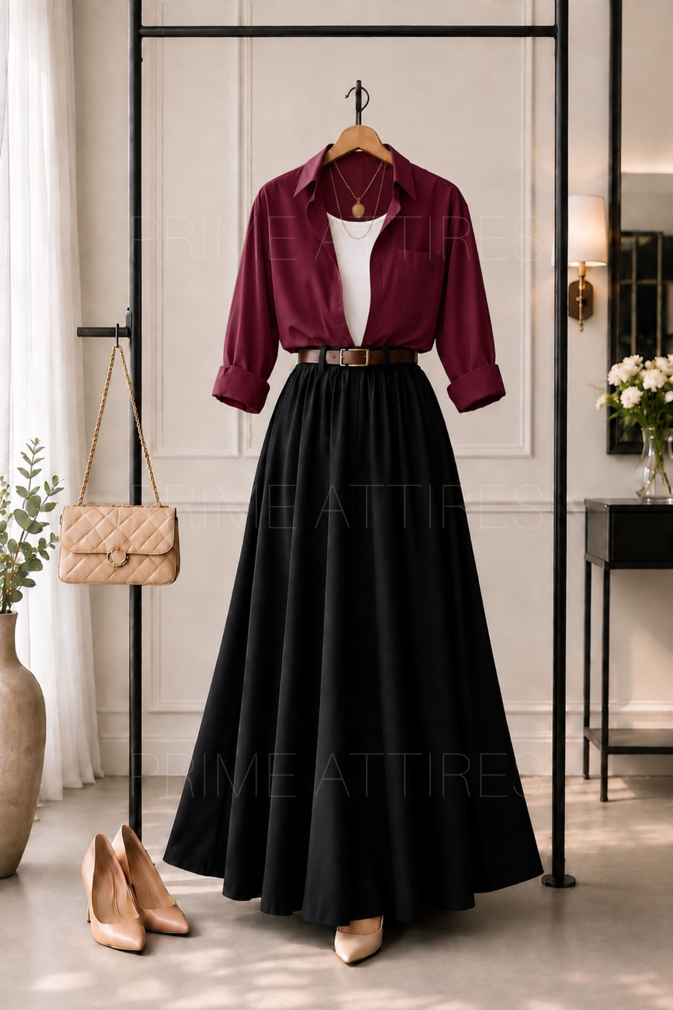 MAROON BUTTON DOWN SHIRT, WHITE INNER & BLACK SKIRT