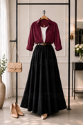 MAROON BUTTON DOWN SHIRT, WHITE INNER & BLACK SKIRT