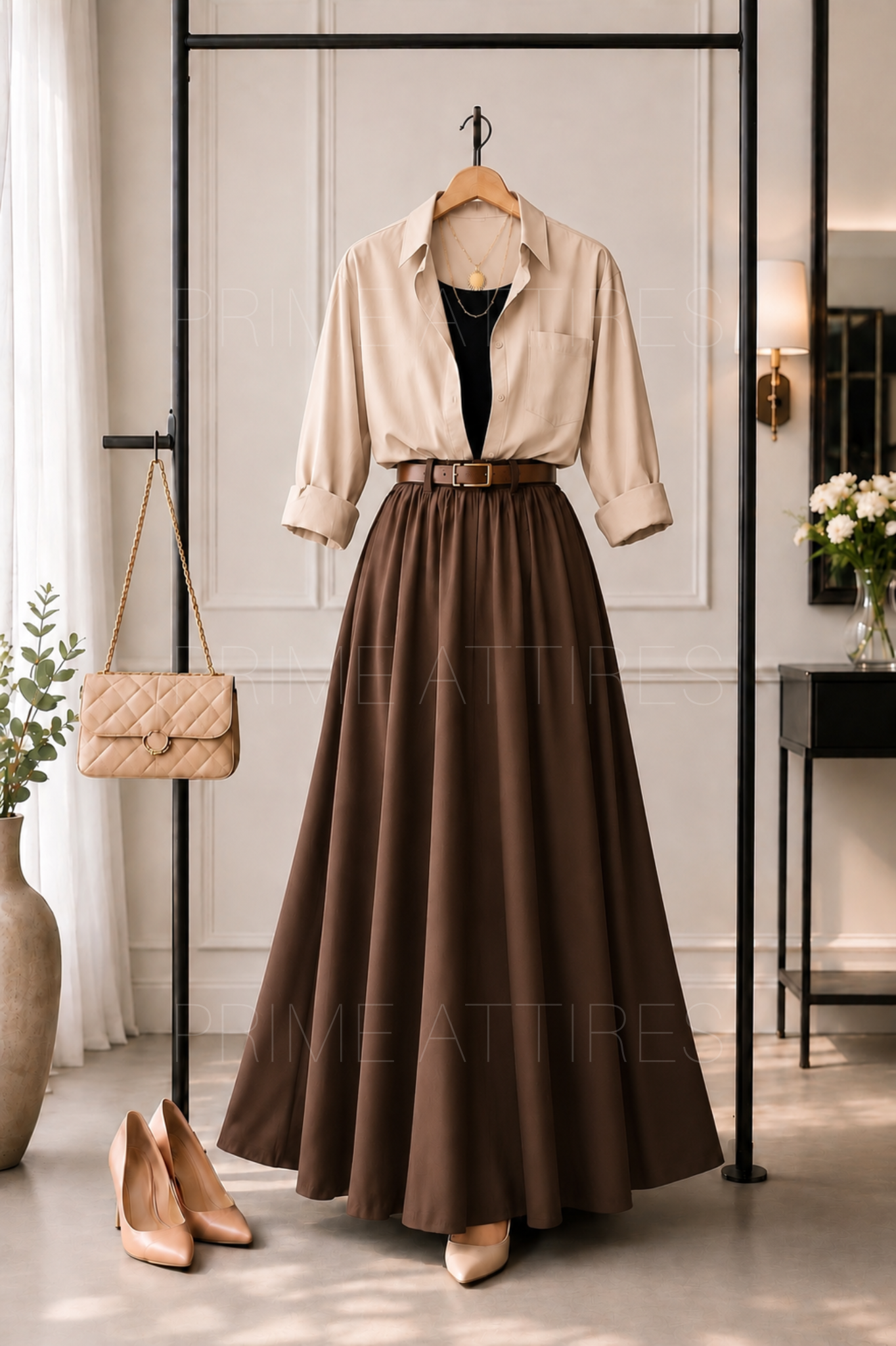 BEIGE BUTTON DOWN SHIRT, BLACK INNER & BROWN SKIRT
