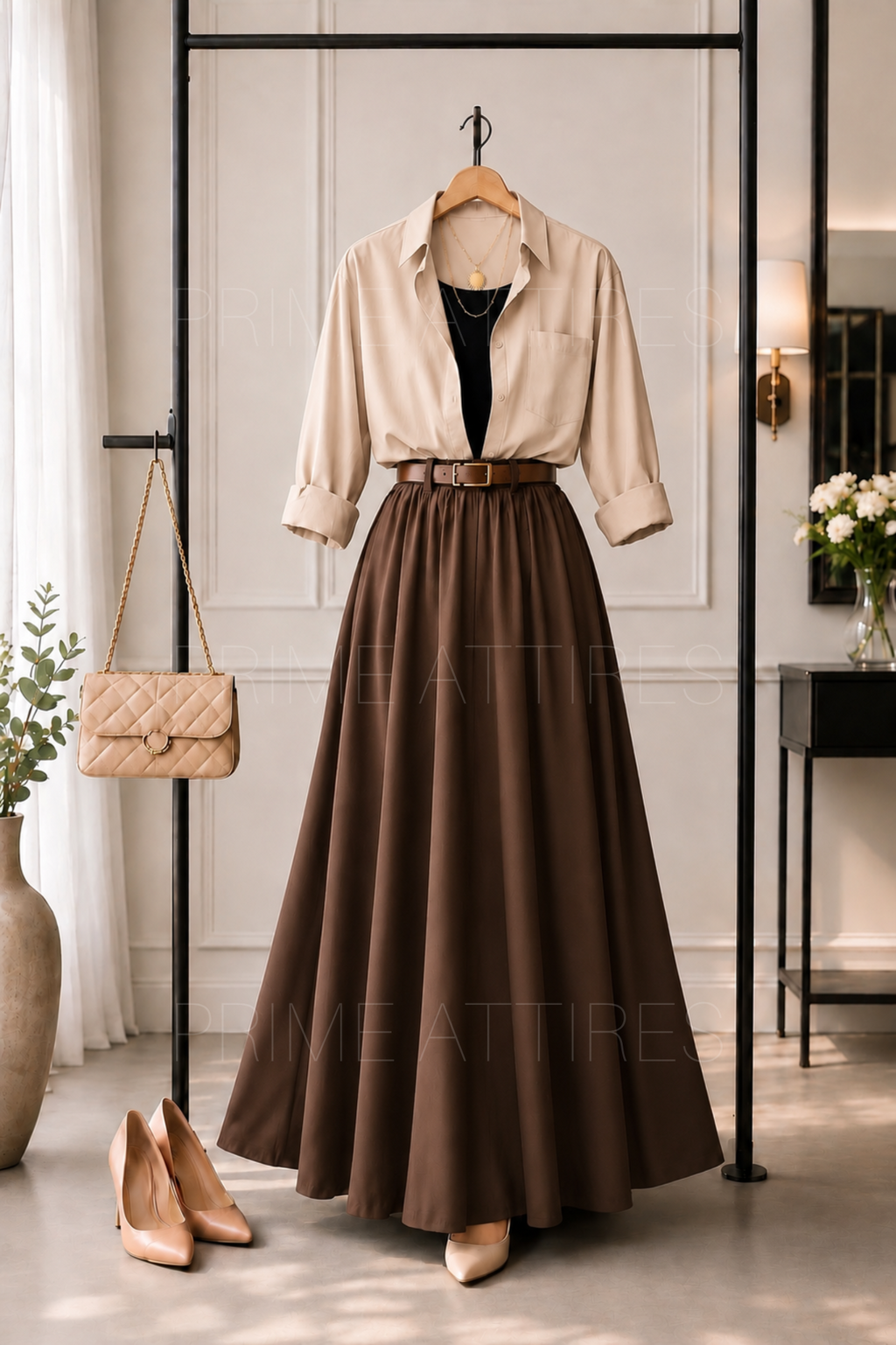 BEIGE BUTTON DOWN SHIRT, BLACK INNER & BROWN SKIRT
