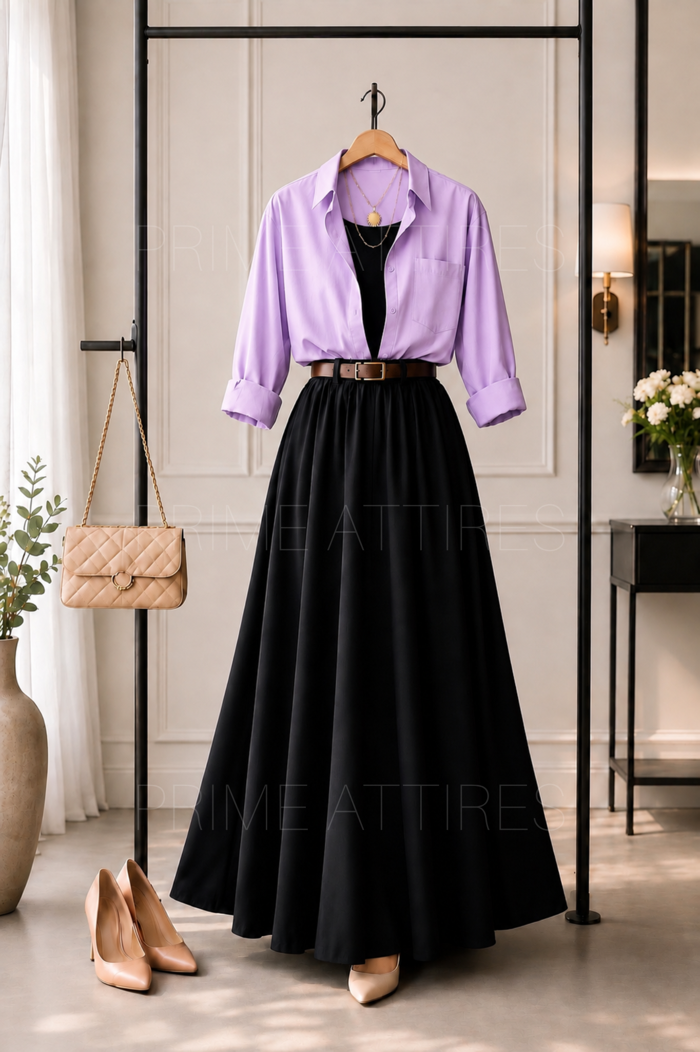 LILAC BUTTON DOWN SHIRT, BLACK INNER & BLACK SKIRT