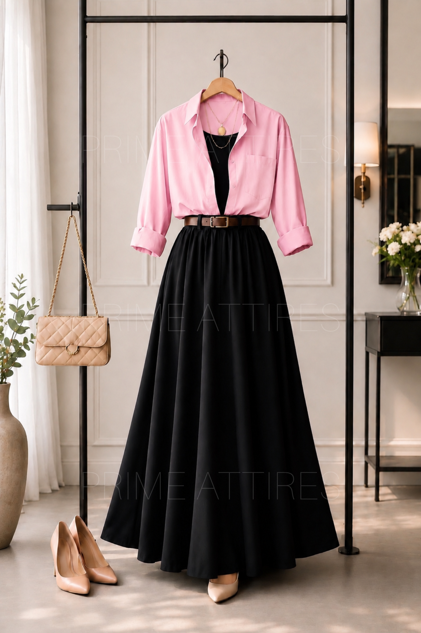 PINK BUTTON DOWN SHIRT, BLACK INNER & BLACK SKIRT
