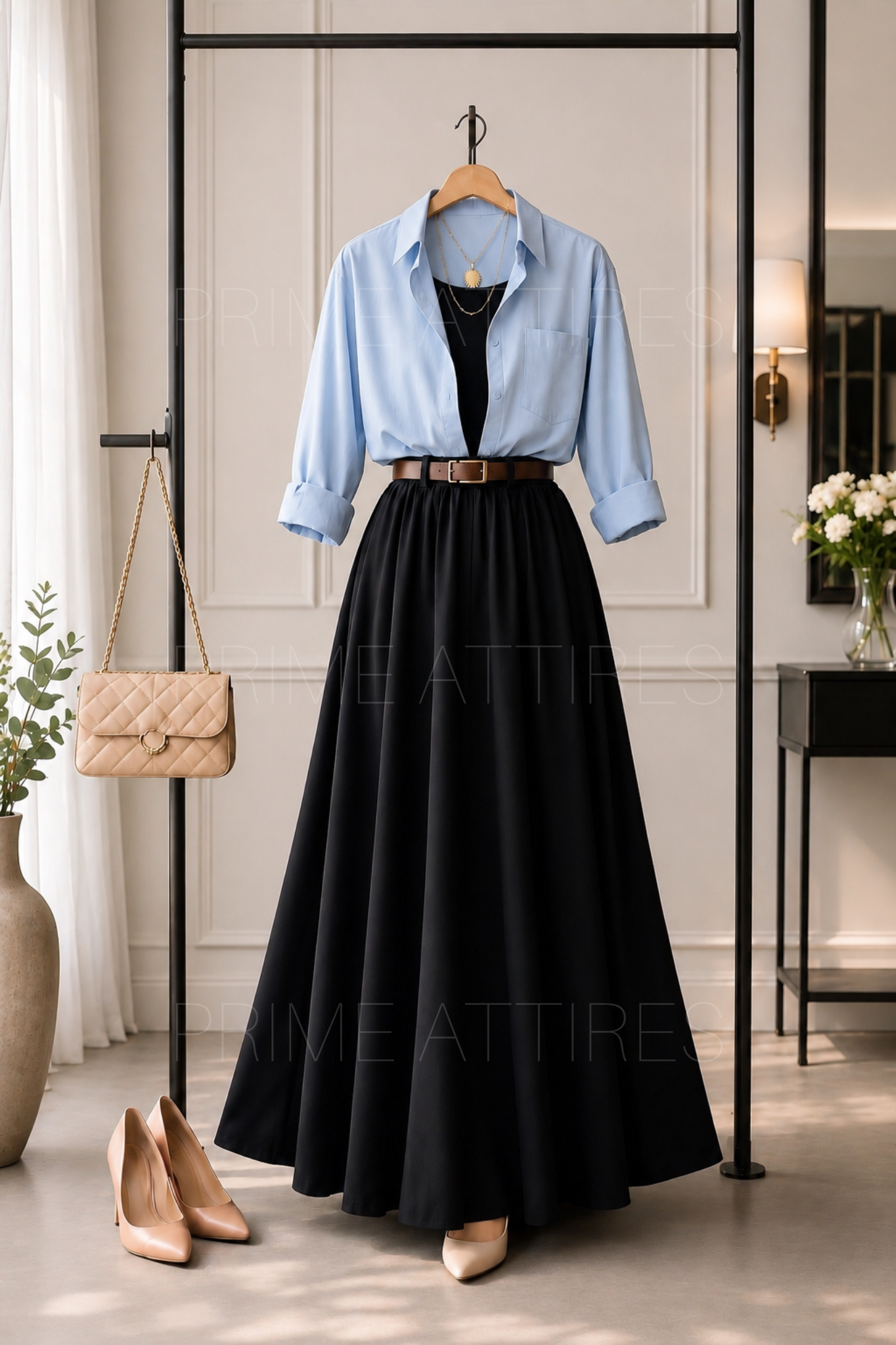 SKY BLUE BUTTON DOWN SHIRT, BLACK INNER & BLACK SKIRT