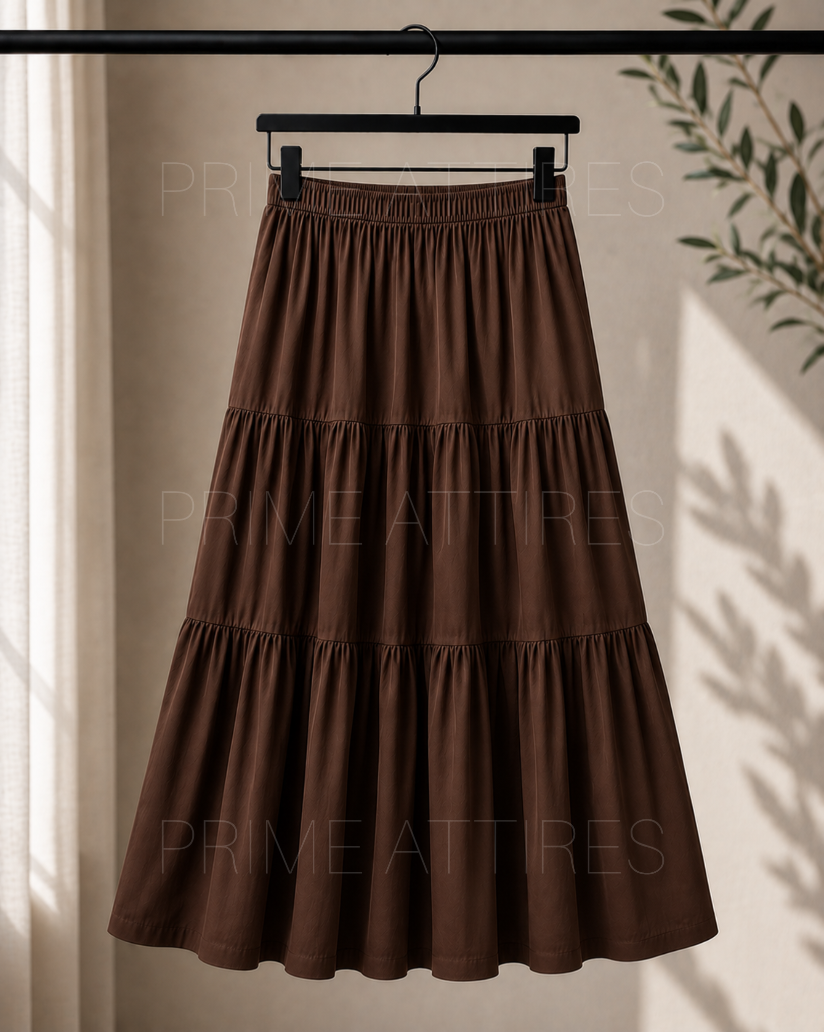 BROWN SILK TIERED MAXI