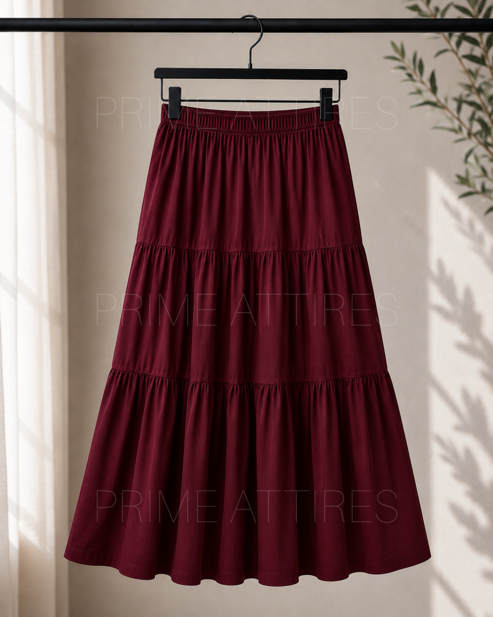 MAROON SILK TIERED MAXI