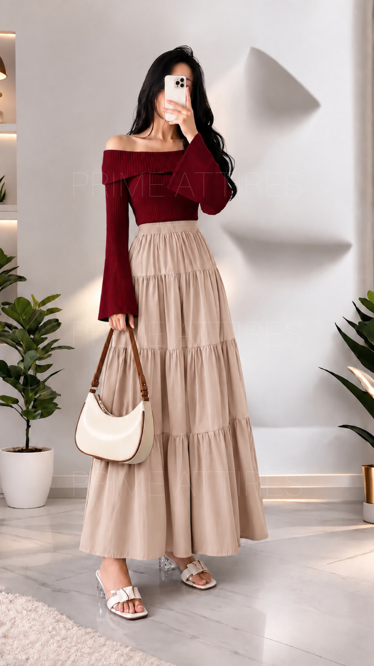BEIGE SILK TIERED MAXI