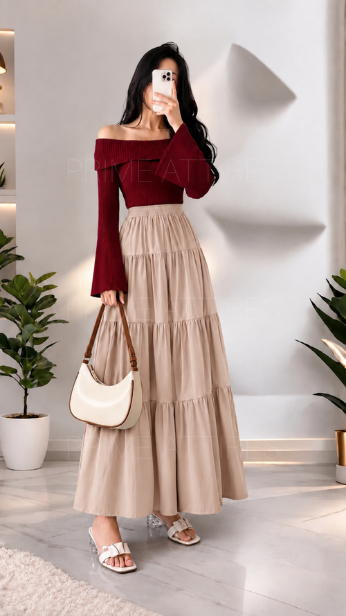 BEIGE SILK TIERED MAXI