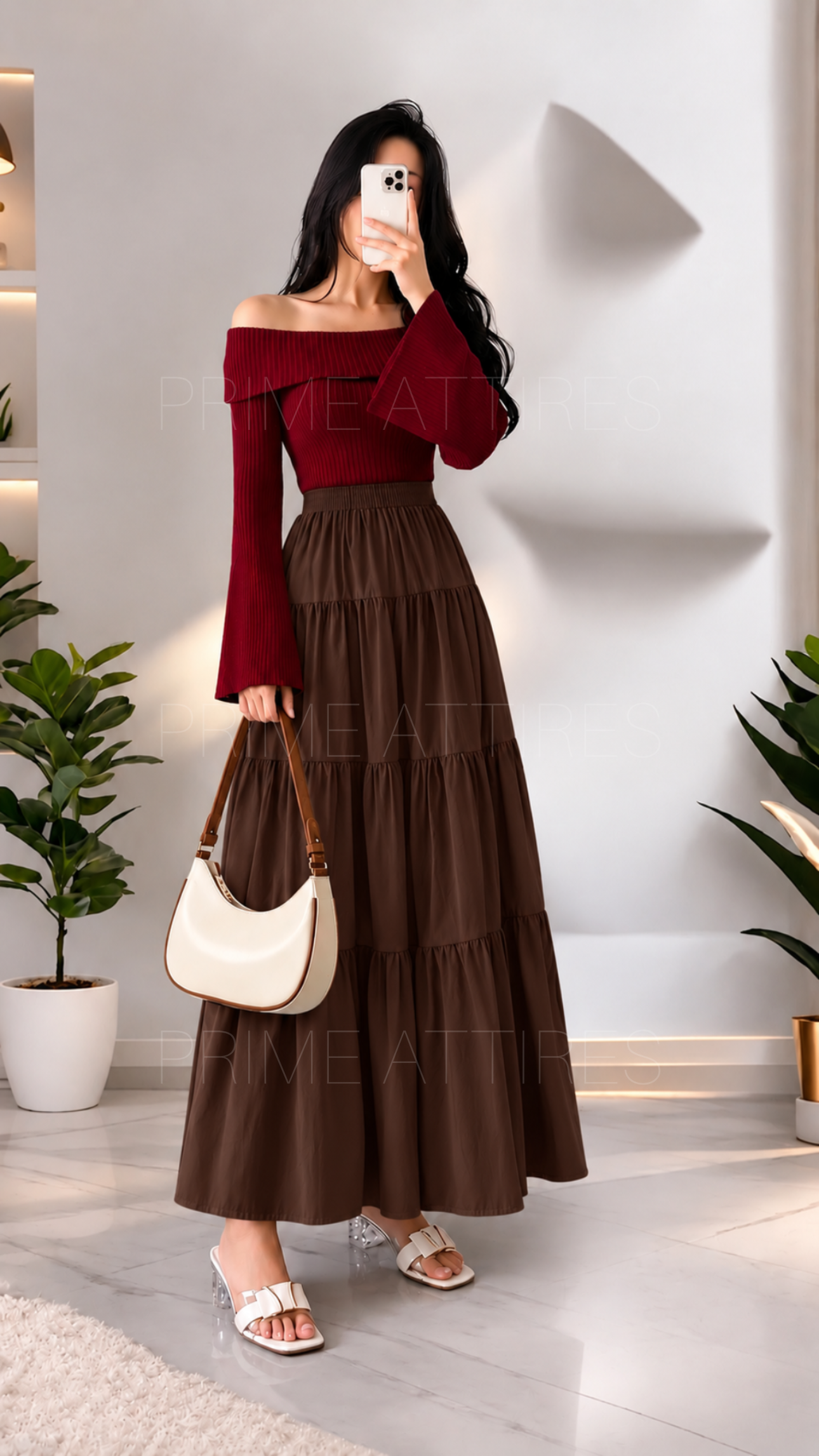 BROWN SILK TIERED MAXI