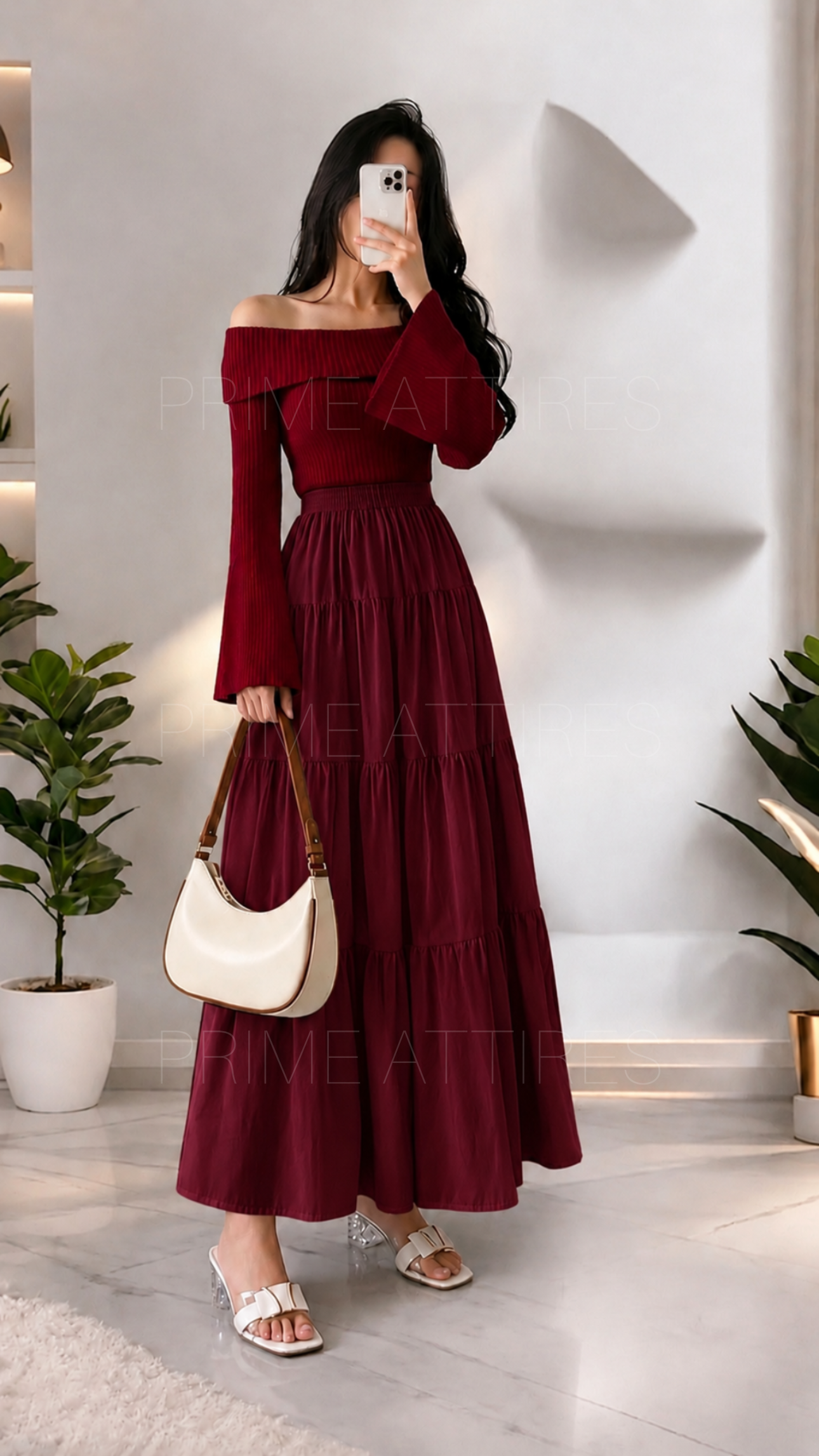 MAROON SILK TIERED MAXI