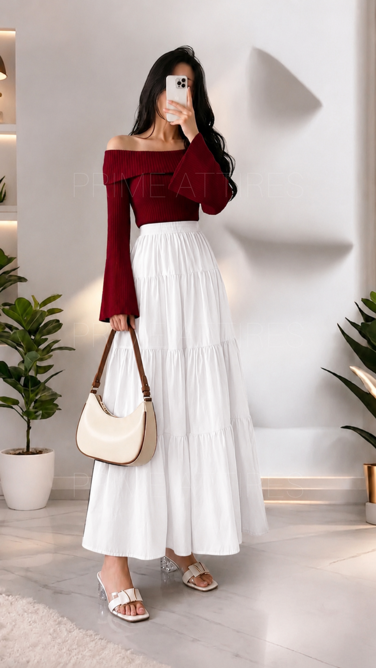 WHITE SILK TIERED MAXI