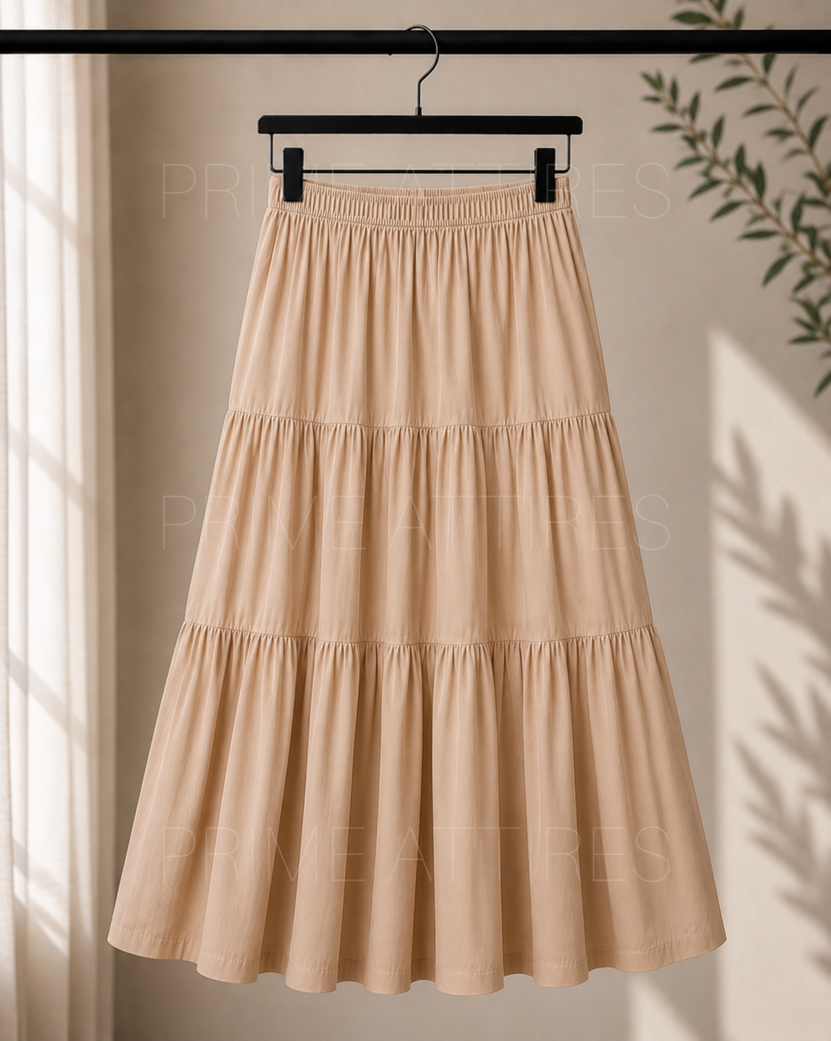 BEIGE SILK TIERED MAXI