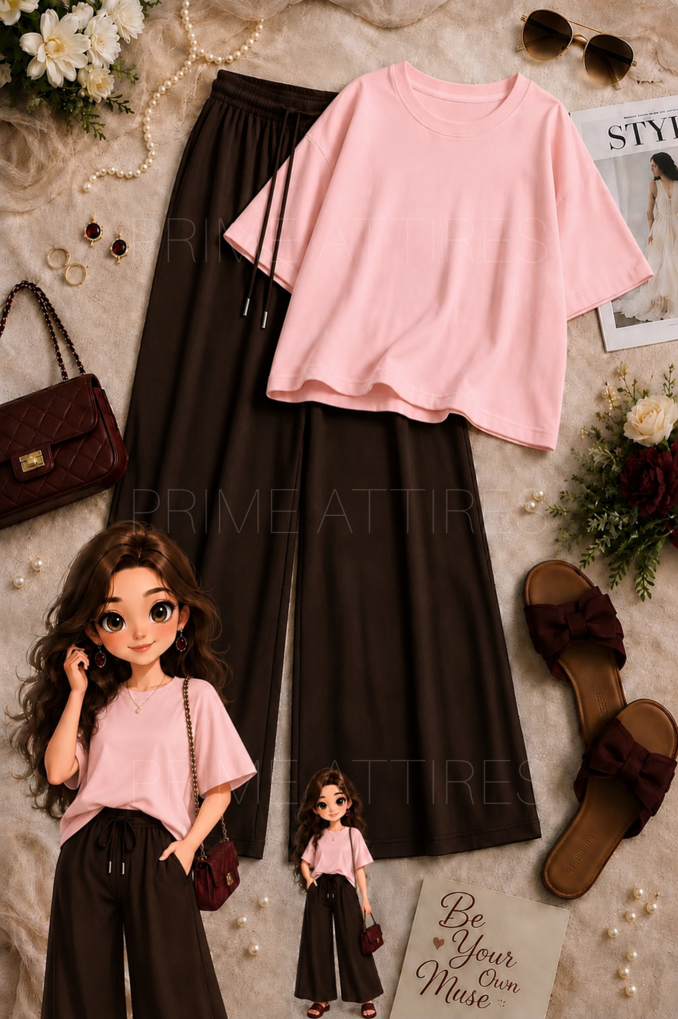 OVERSIZED TEE & BROWN FLAPPER TROUSER