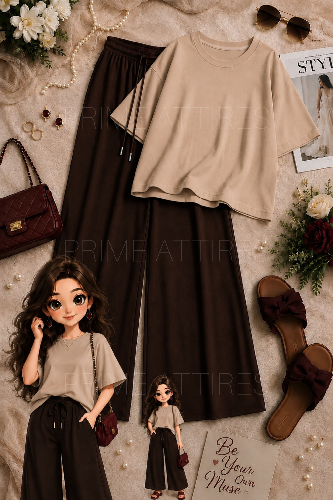 OVERSIZED TEE & BROWN FLAPPER TROUSER