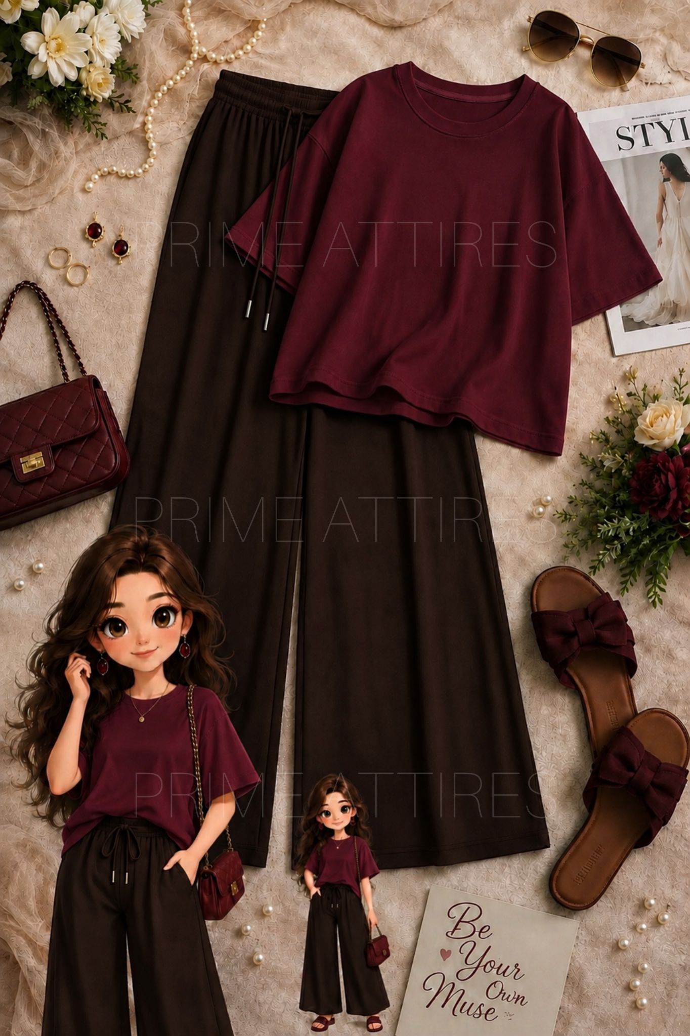 OVERSIZED TEE & BROWN FLAPPER TROUSER