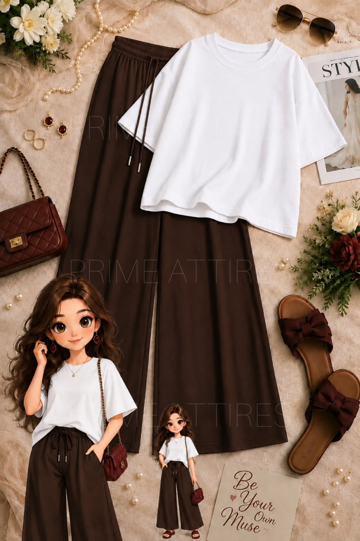 OVERSIZED TEE & BROWN FLAPPER TROUSER