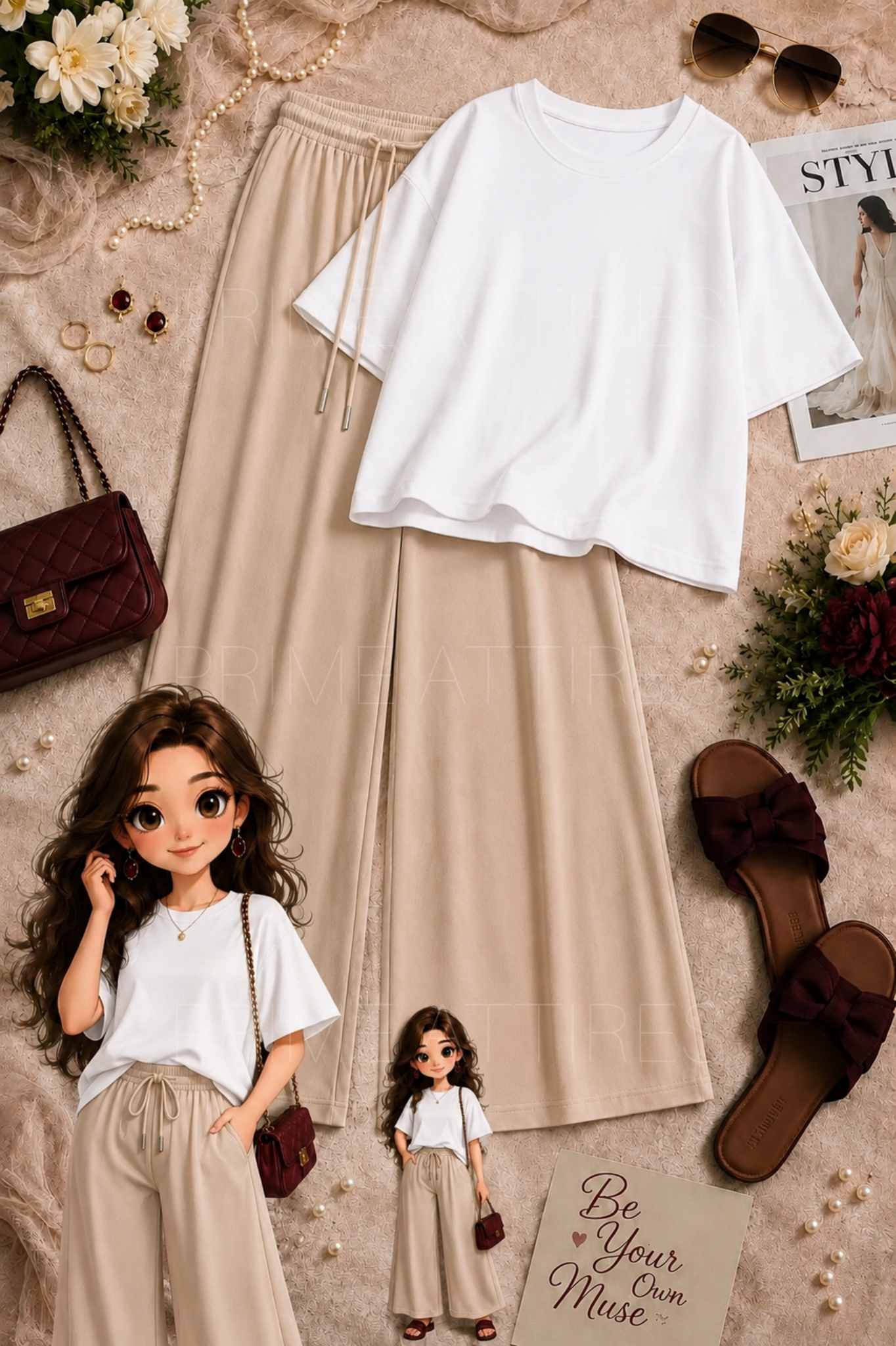 OVERSIZED TEE & BEIGE FLAPPER TROUSER