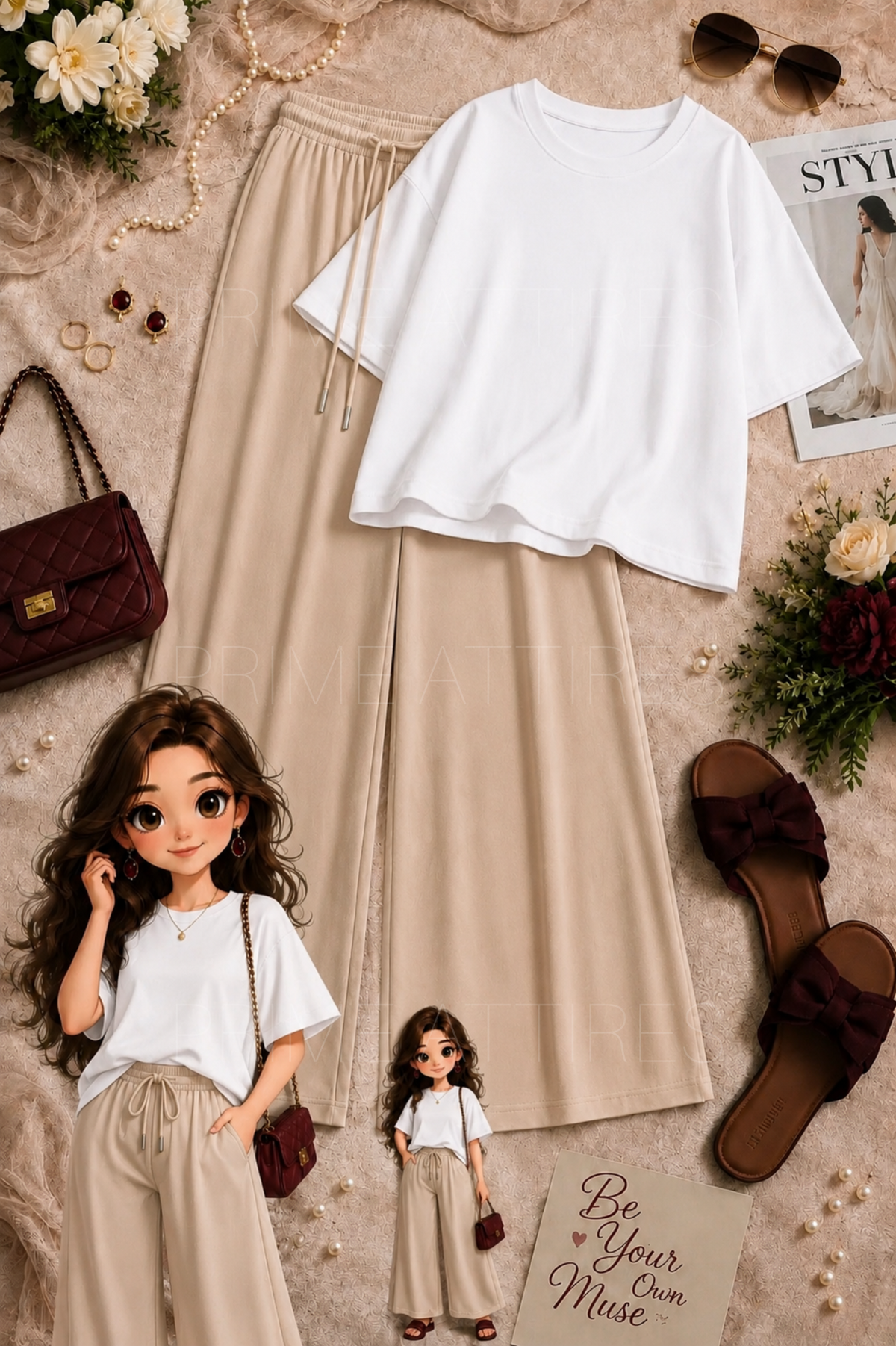 OVERSIZED TEE & BEIGE FLAPPER TROUSER