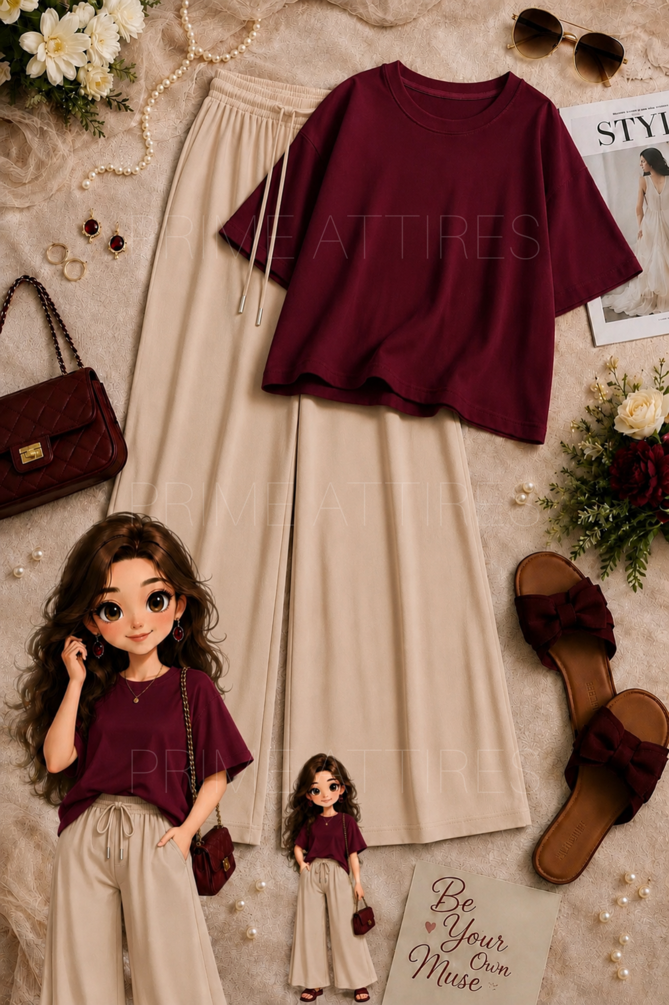 OVERSIZED TEE & BEIGE FLAPPER TROUSER