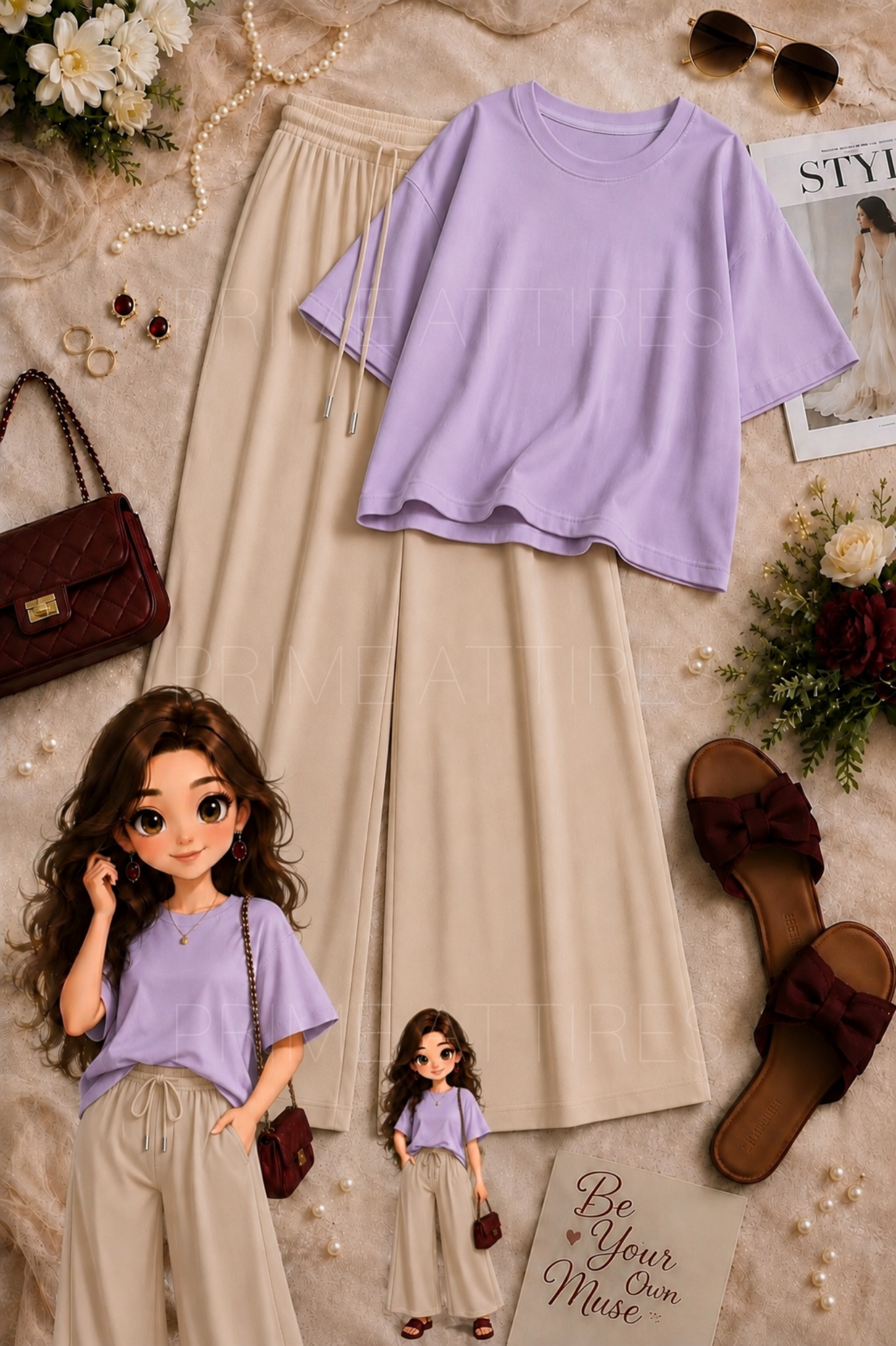 OVERSIZED TEE & BEIGE FLAPPER TROUSER