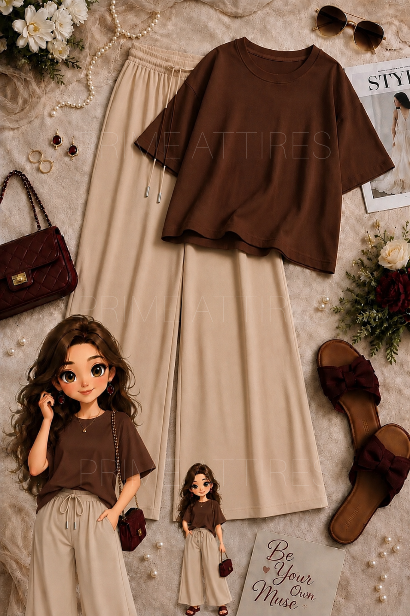 OVERSIZED TEE & BEIGE FLAPPER TROUSER
