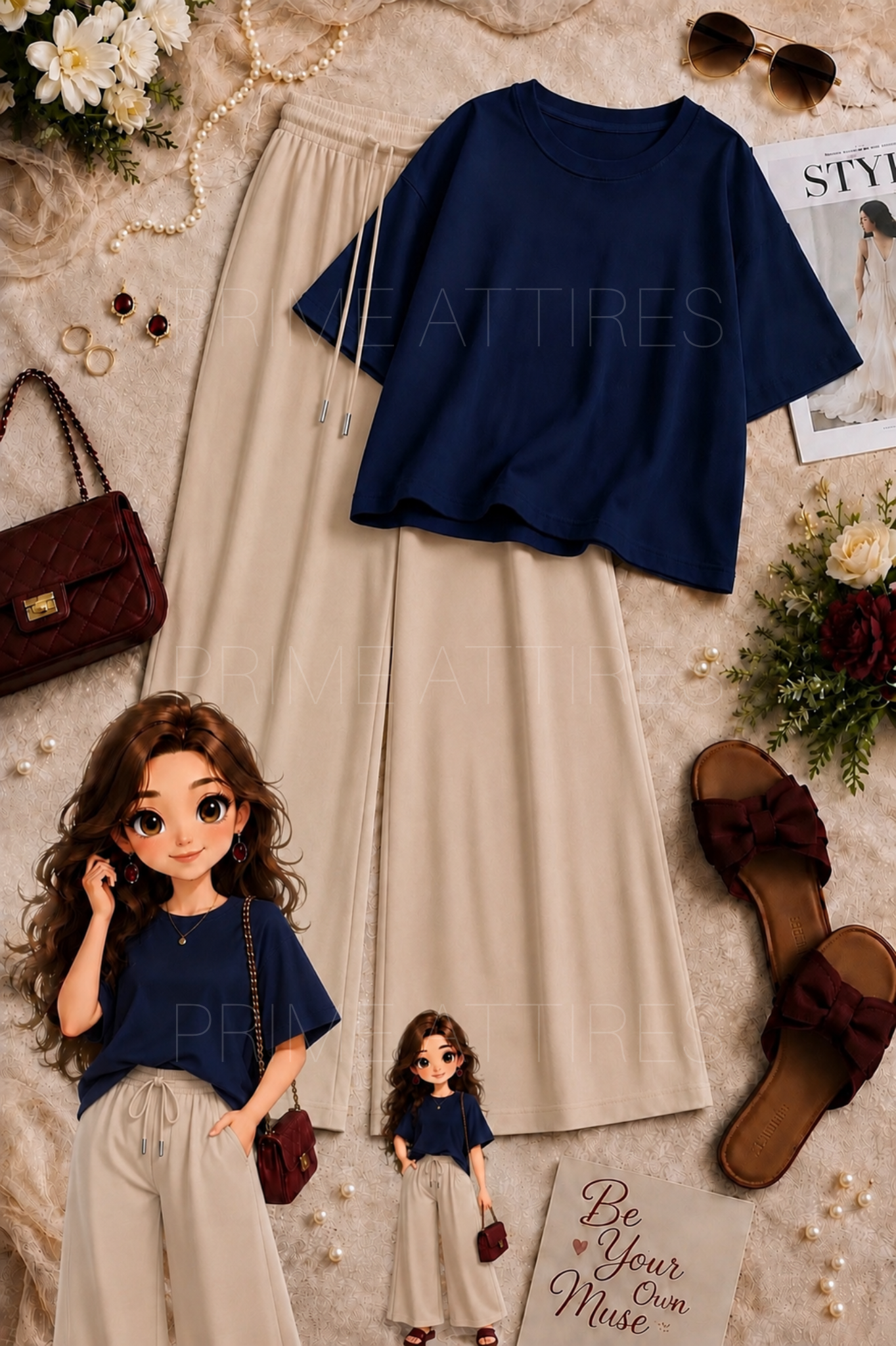 OVERSIZED TEE & BEIGE FLAPPER TROUSER