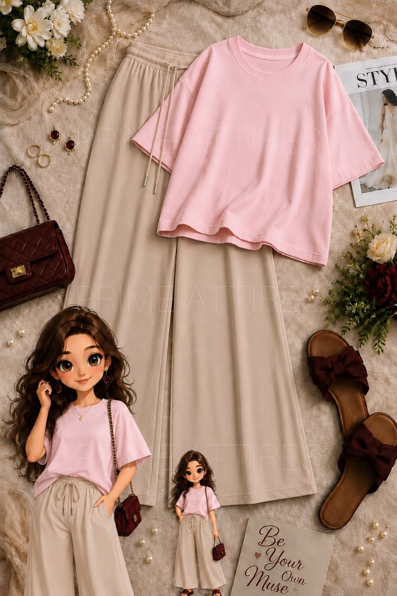 OVERSIZED TEE & BEIGE FLAPPER TROUSER