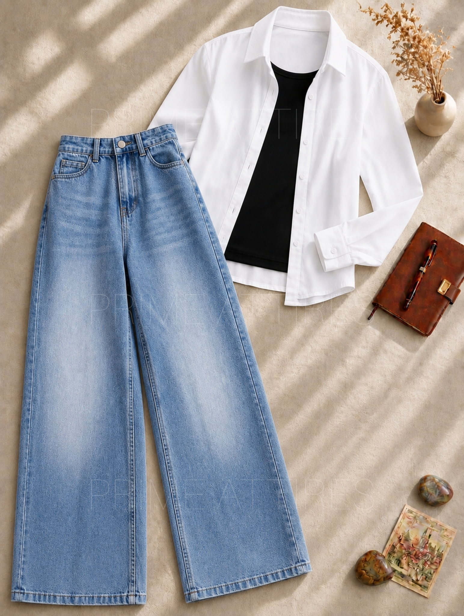 ICE BLUE WASHED WIDE LEG JEANS + BLACK INNER & WHITE BUTTON DOWN SHIRT