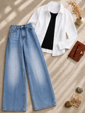 ICE BLUE WASHED WIDE LEG JEANS + BLACK INNER & WHITE BUTTON DOWN SHIRT