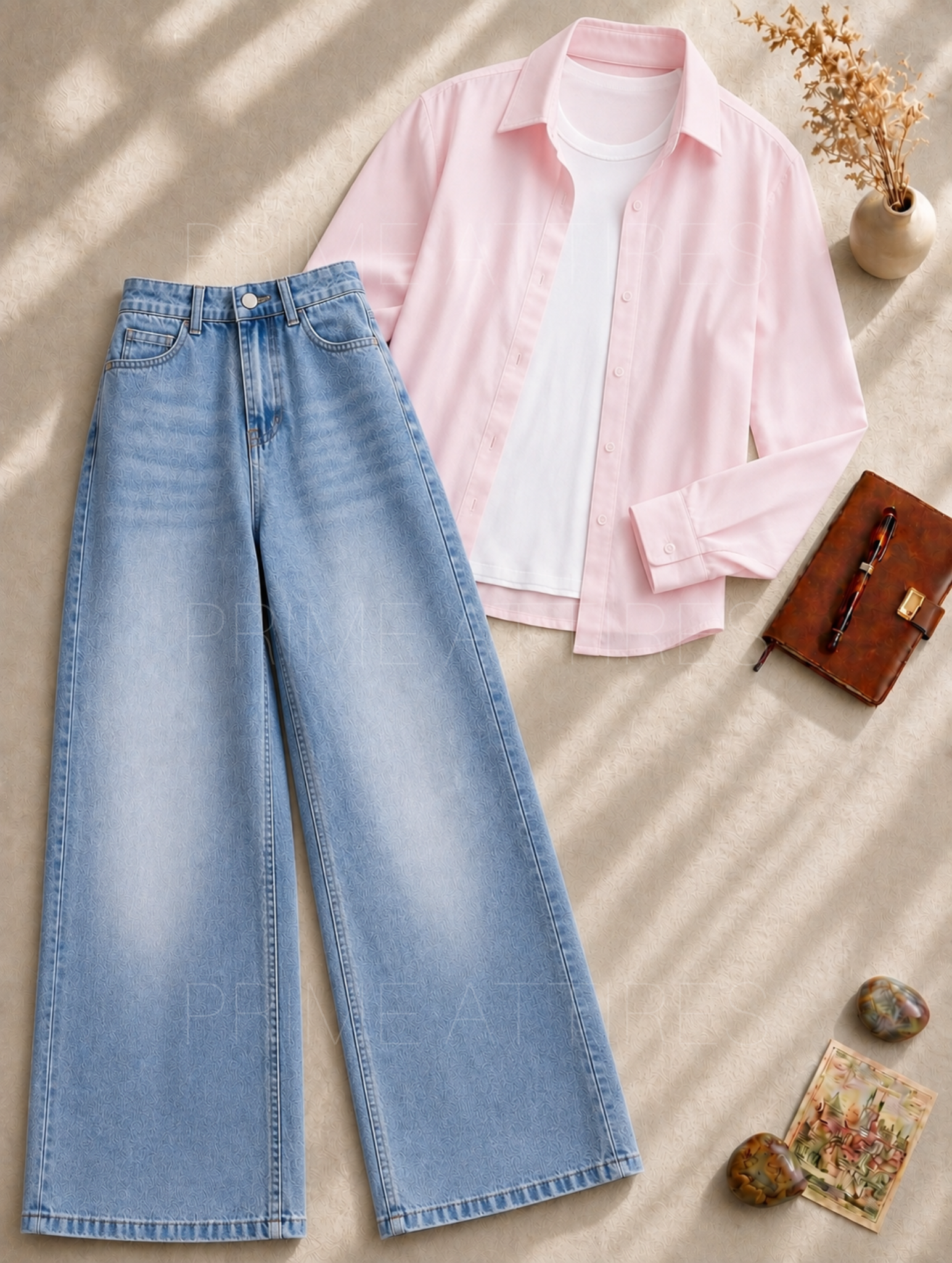 ICE BLUE WASHED WIDE LEG JEANS + WHITE INNER & PINK BUTTON DOWN SHIRT