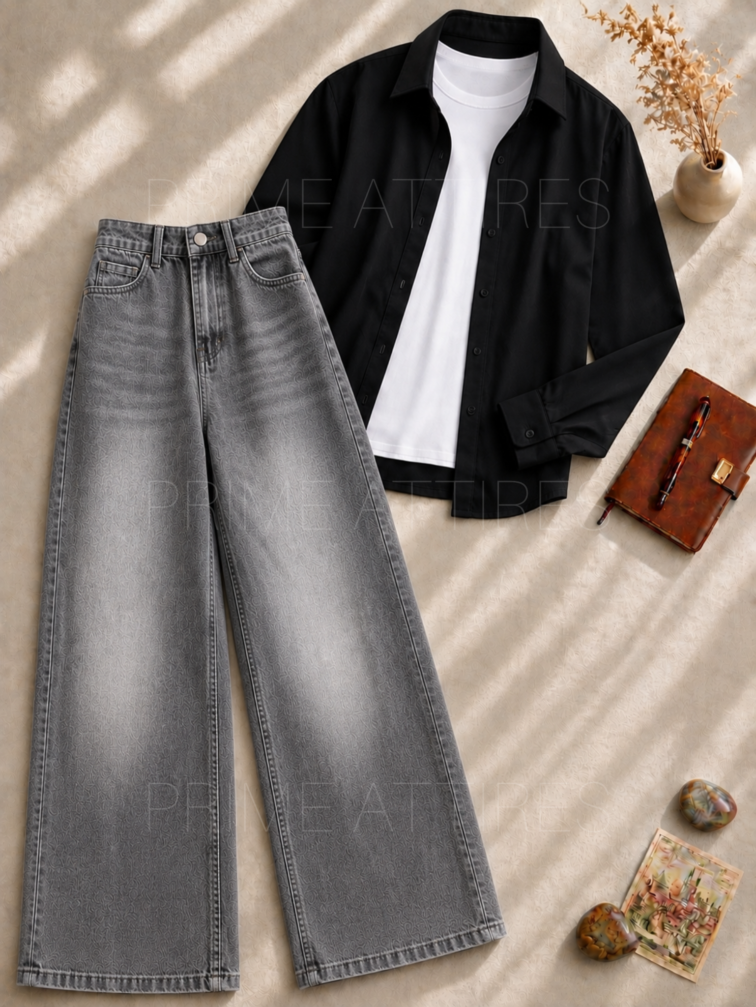 GREY WASHED WIDE LEG JEANS + WHITE INNER & BLACK BUTTON DOWN SHIRT