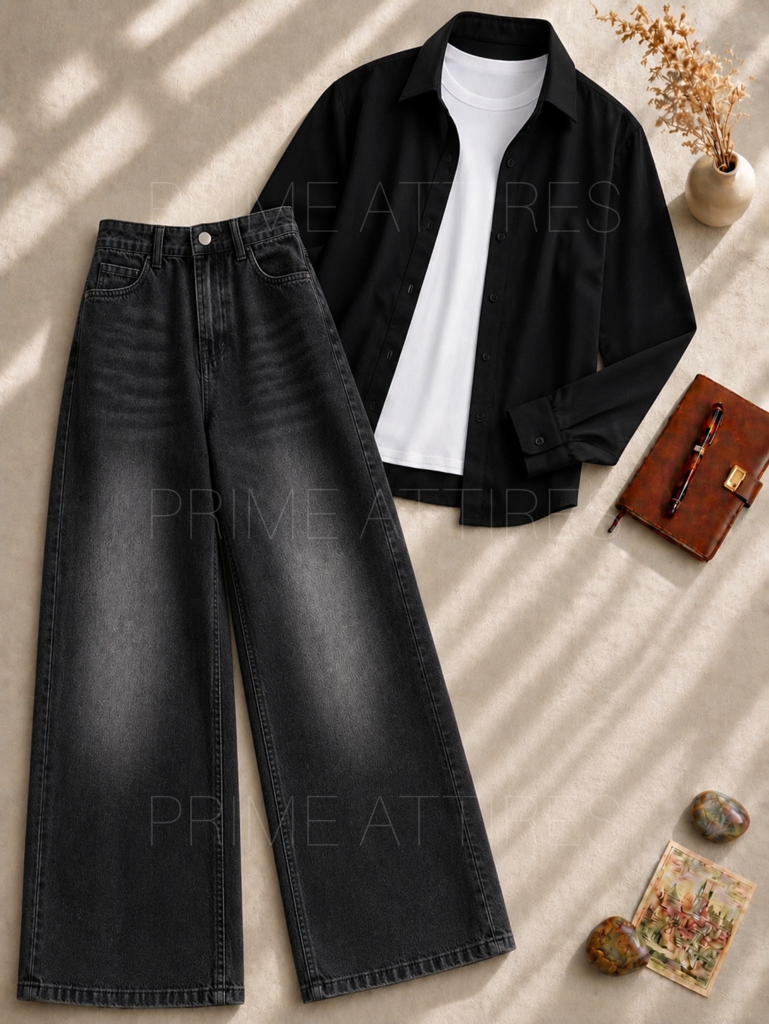 BLACK WASHED WIDE LEG JEANS + WHITE INNER & BLACK BUTTON DOWN SHIRT