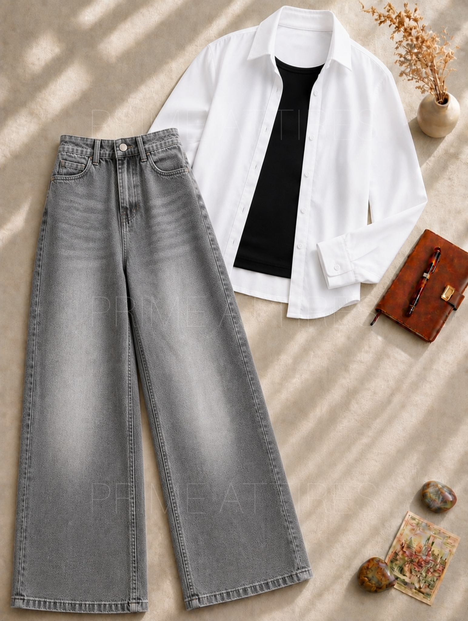 GREY WASHED WIDE LEG JEANS + BLACK INNER & WHITE BUTTON DOWN SHIRT