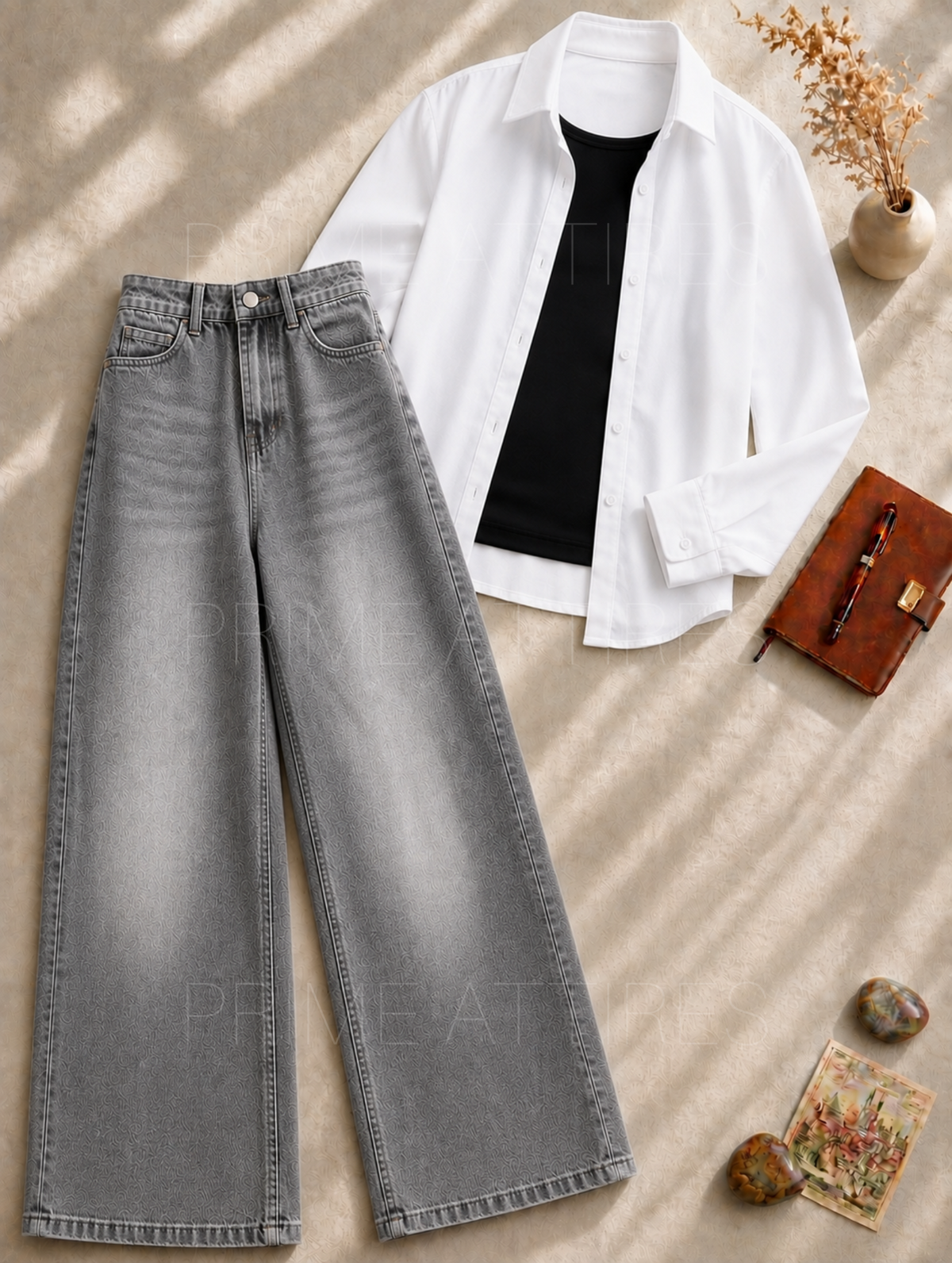 GREY WASHED WIDE LEG JEANS + BLACK INNER & WHITE BUTTON DOWN SHIRT