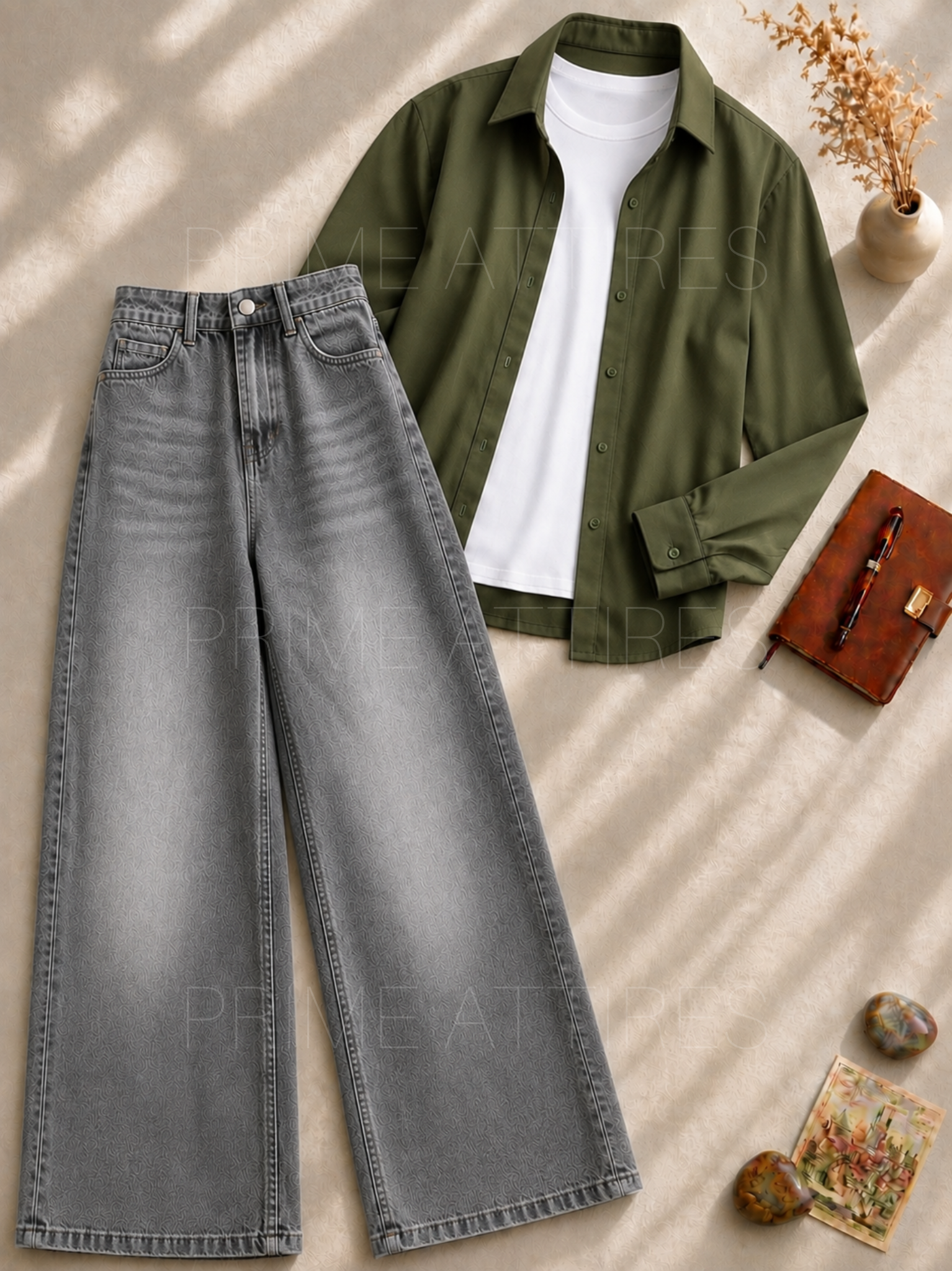 GREY WASHED WIDE LEG JEANS + WHITE INNER & GREEN BUTTON DOWN SHIRT