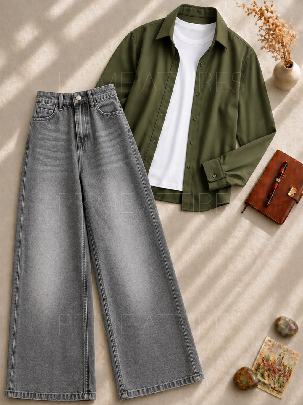 GREY WASHED WIDE LEG JEANS + WHITE INNER & GREEN BUTTON DOWN SHIRT