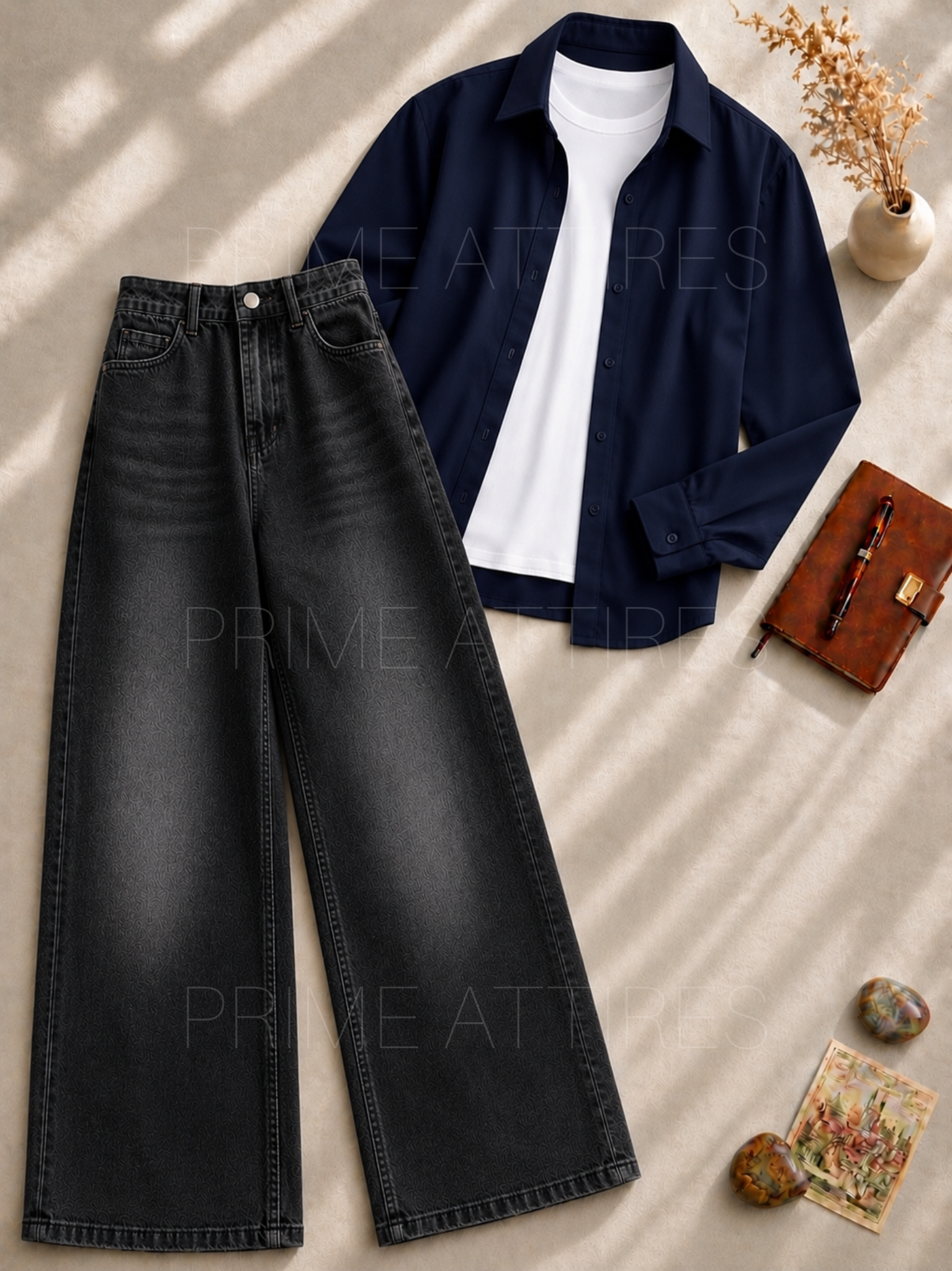 BLACK WASHED WIDE LEG JEANS + WHBLACK WASHED WIDE LEG JEANS + WHITE INNER & NAVY BLUE BUTTON DOWN SHIRTITE INNER & MAROON BUTTON DOWN SHIRT (Copy)