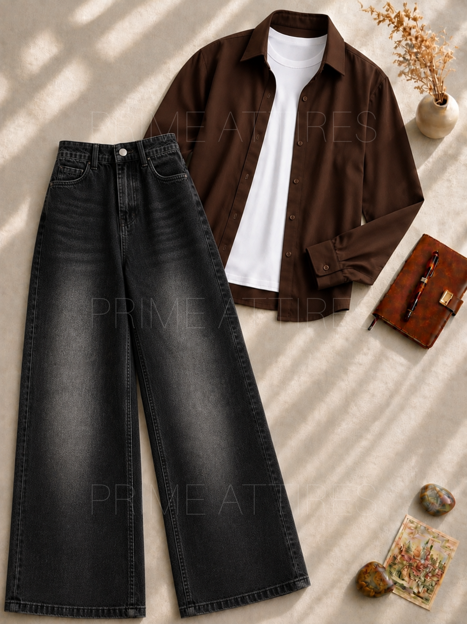 BLACK WASHED WIDE LEG JEANS + WHITE INNER & BROWN BUTTON DOWN SHIRT