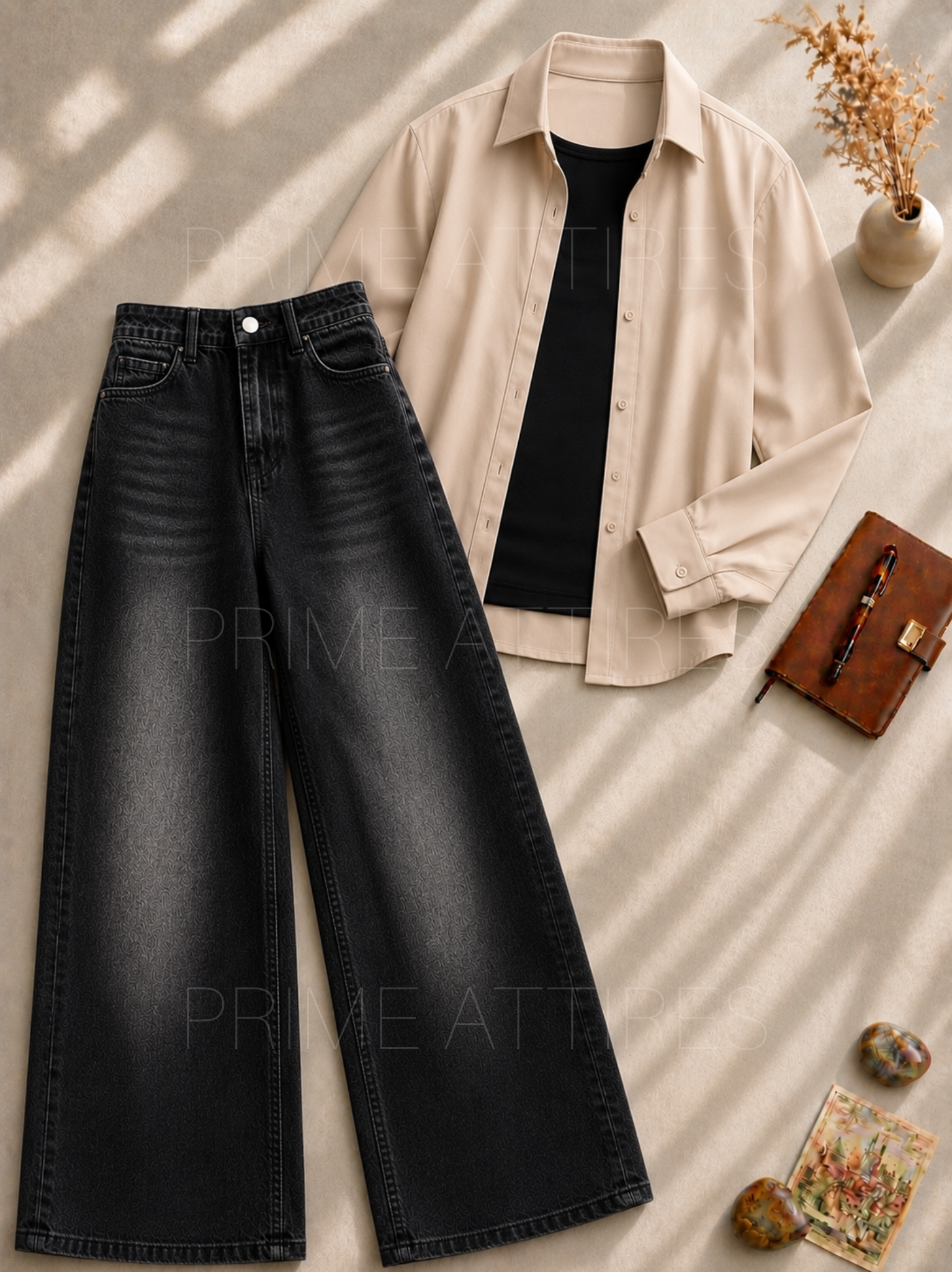 BLACK WASHED WIDE LEG JEANS + BLACK INNER & BEIGE BUTTON DOWN SHIRT