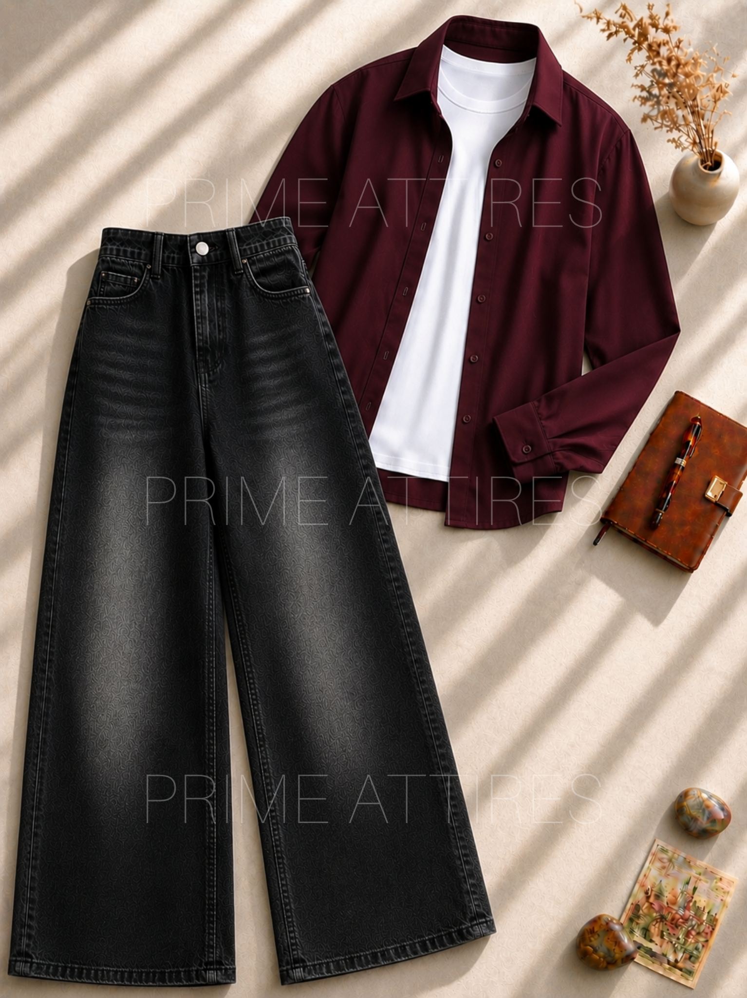 BLACK WASHED WIDE LEG JEANS + WHITE INNER & MAROON BUTTON DOWN SHIRT