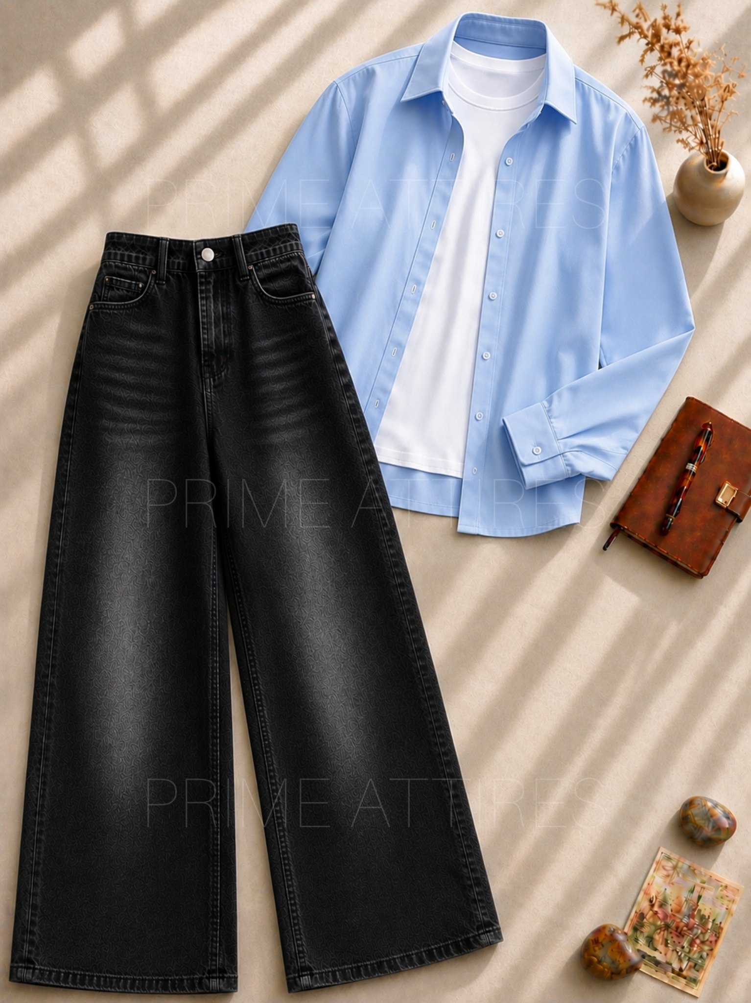 BLACK WASHED WIDE LEG JEANS + WHITE INNER & SKY BLUE BUTTON DOWN SHIRT